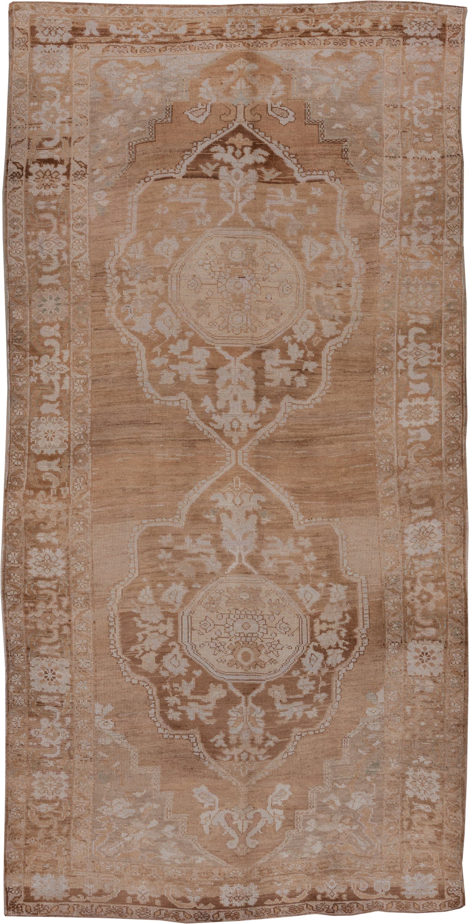 6' x 12' one-of-a-kind handmade vintage Oushak large size rug. Color palette: camel, ivory, taupe, beige, sand, light brown