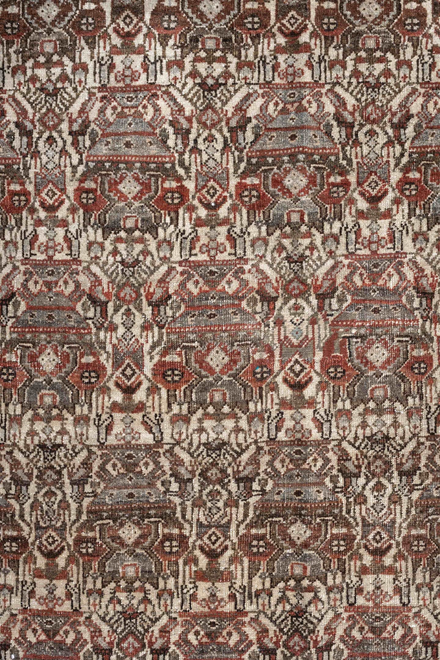 4' x 6' one-of-a-kind handmade antique Abadeh rug. Color palette: ivory, rust, brown, slate, charcoal, taupe, terracotta
