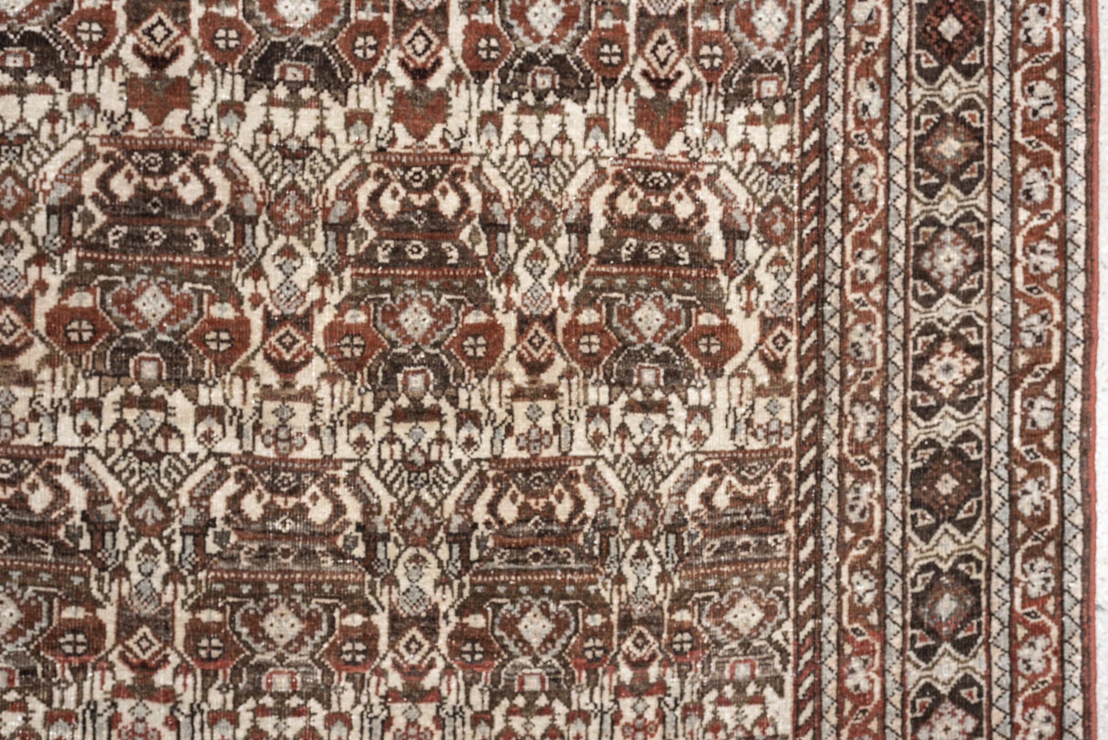 4' x 6' one-of-a-kind handmade antique Abadeh rug. Color palette: ivory, rust, brown, slate, charcoal, taupe, terracotta