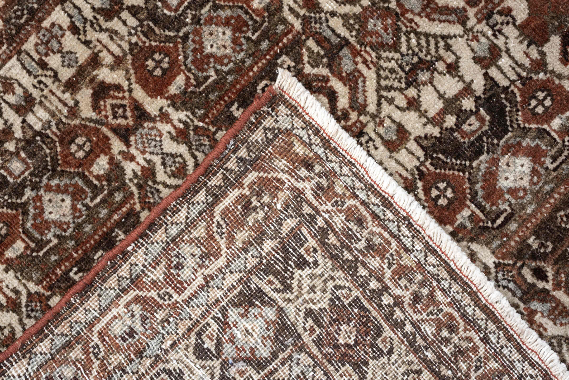 4' x 6' one-of-a-kind handmade antique Abadeh rug. Color palette: ivory, rust, brown, slate, charcoal, taupe, terracotta