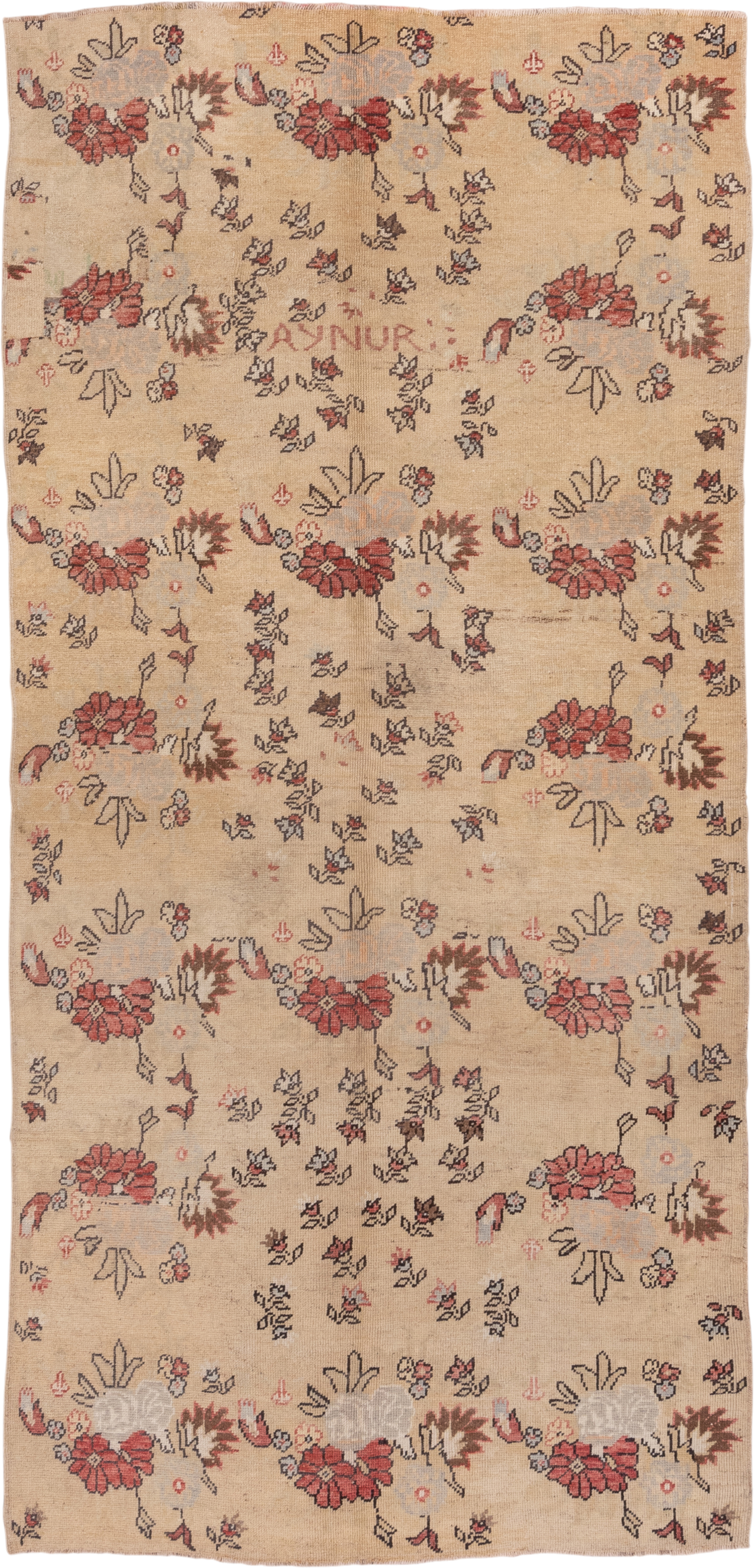 5' x 11' one-of-a-kind handmade vintage Konya runner rug. Color palette: camel, rust, ivory, charcoal, rose, taupe, beige