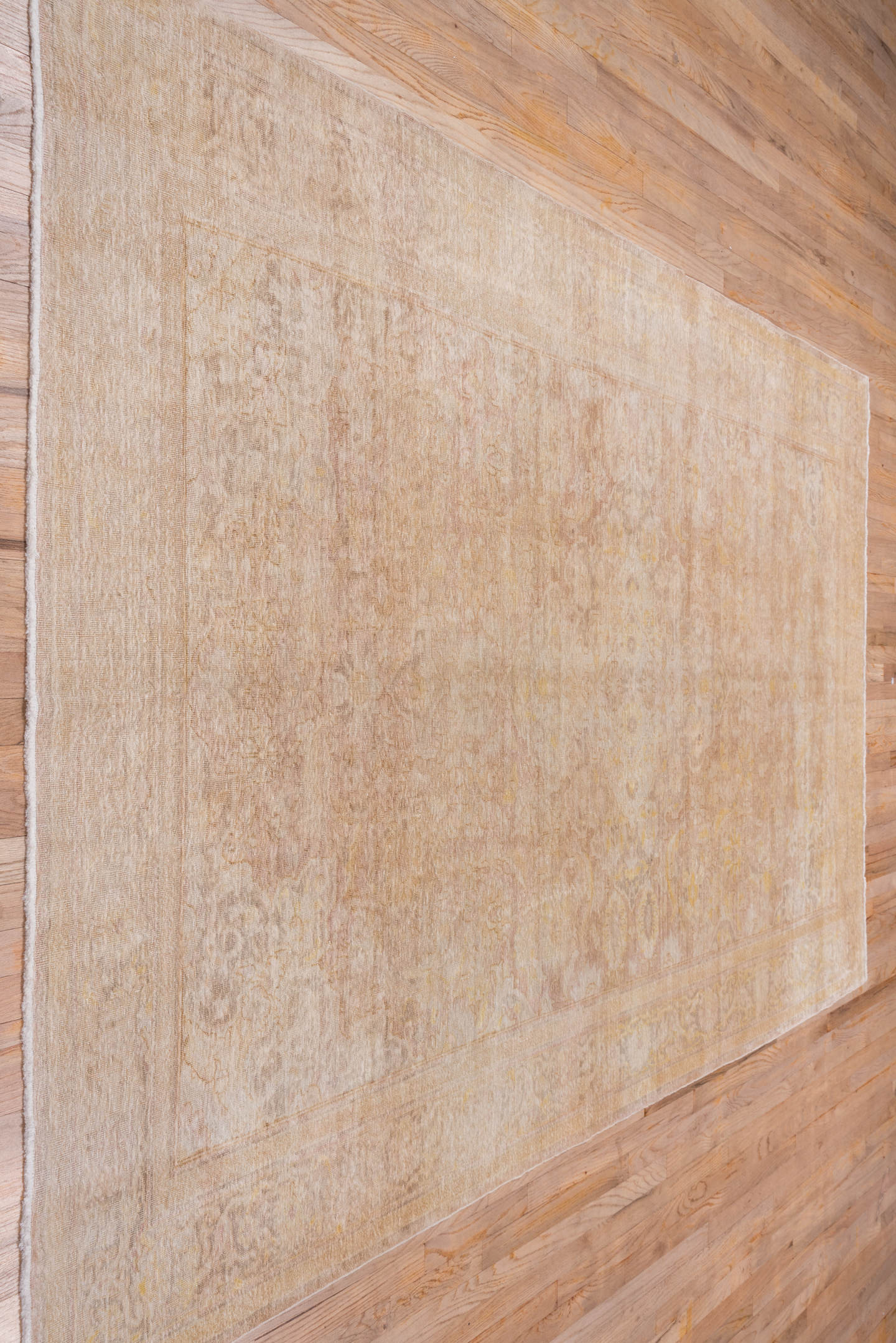 6' x 9' one-of-a-kind handmade vintage Kaisary medium size rug. Color palette: beige, blush, ivory, pale gold, taupe, pink