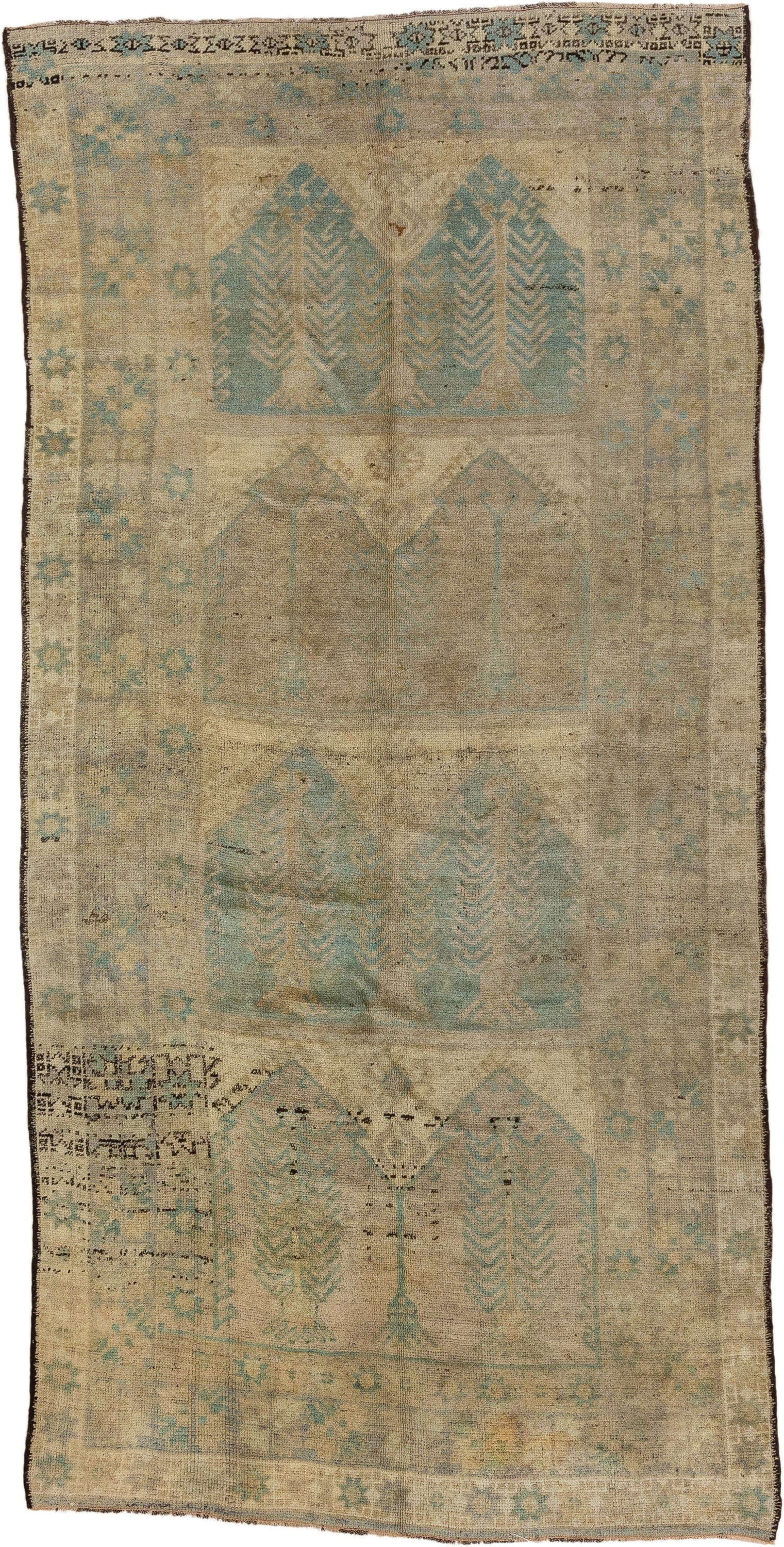 5' x 11' one-of-a-kind handmade vintage Oushak rug. Color palette: beige, ivory, pale blue, taupe, camel, charcoal