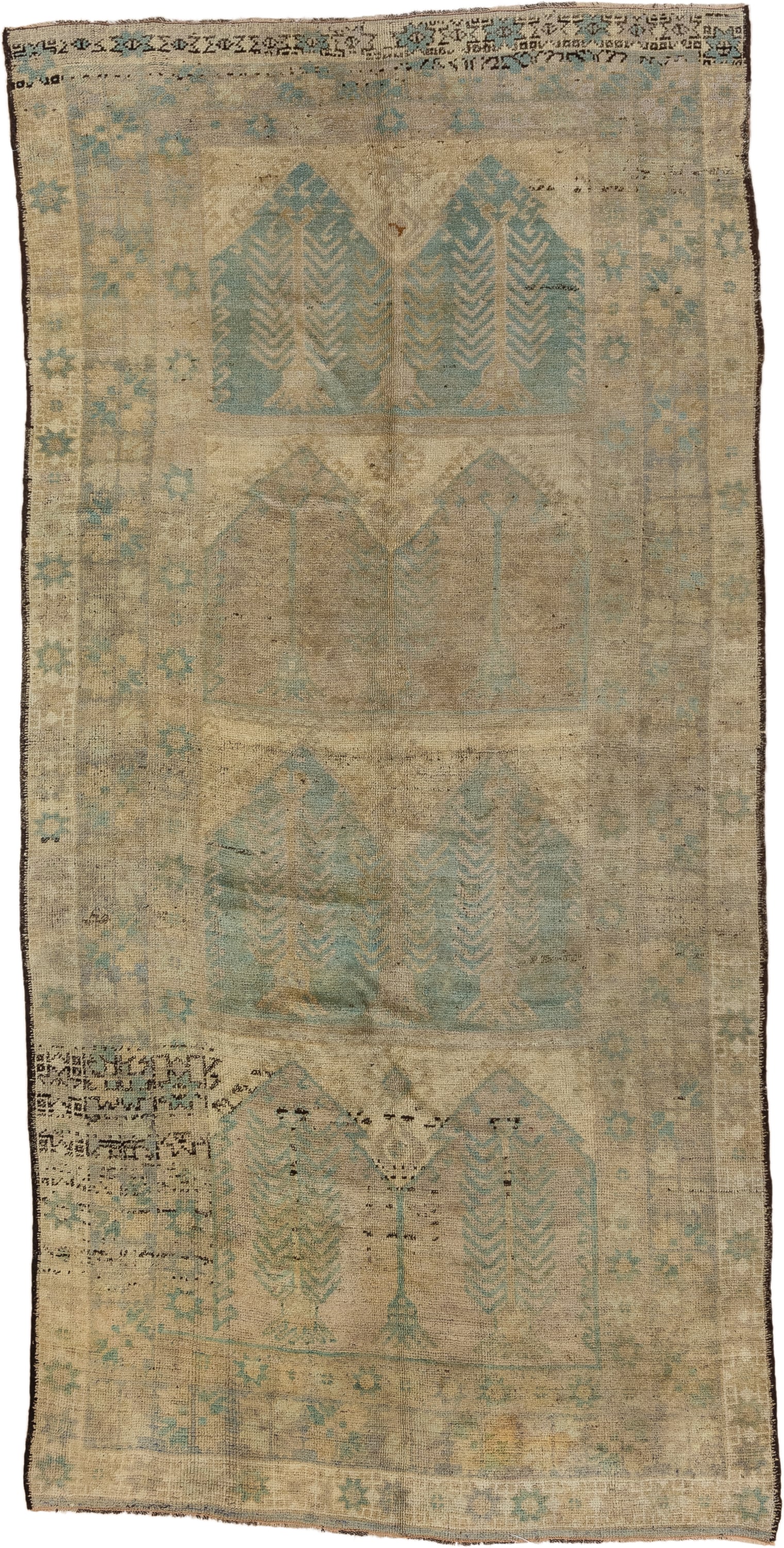 5' x 11' one-of-a-kind handmade vintage Oushak rug. Color palette: beige, ivory, pale blue, taupe, camel, charcoal