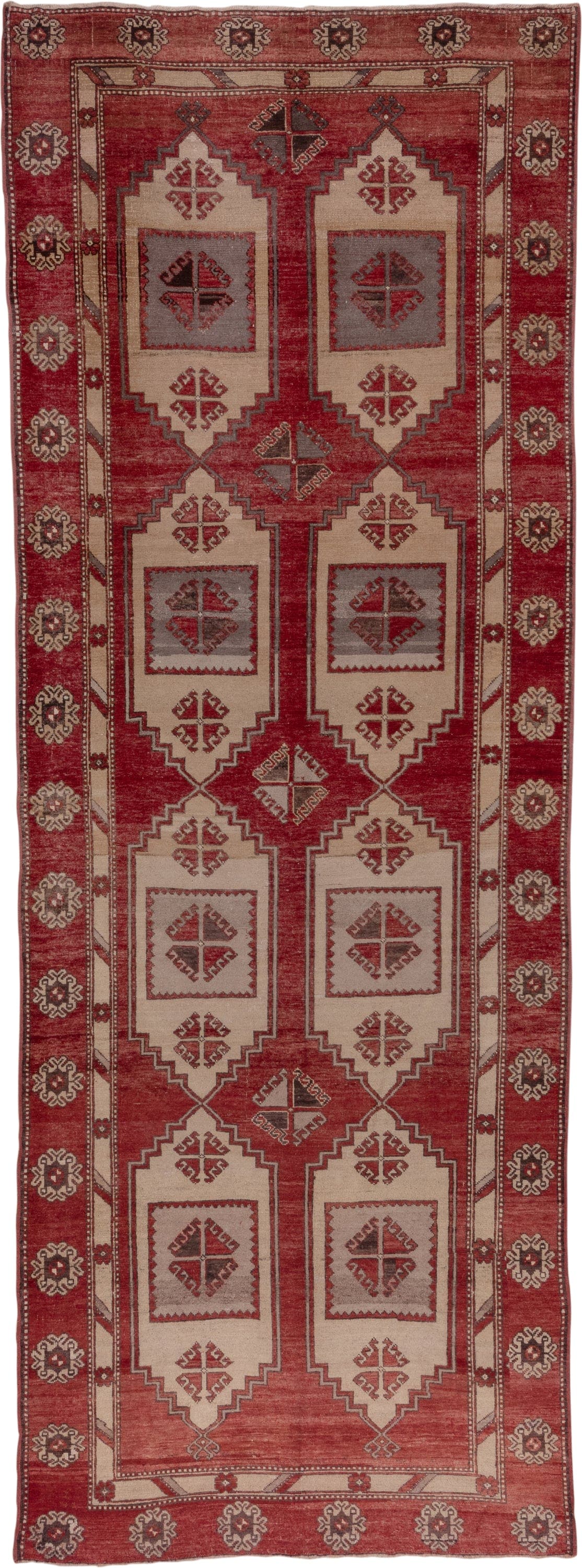 5' x 14' one-of-a-kind handmade vintage Oushak rug. Color palette: rust, ivory, taupe, rose, burgundy, charcoal, terracotta