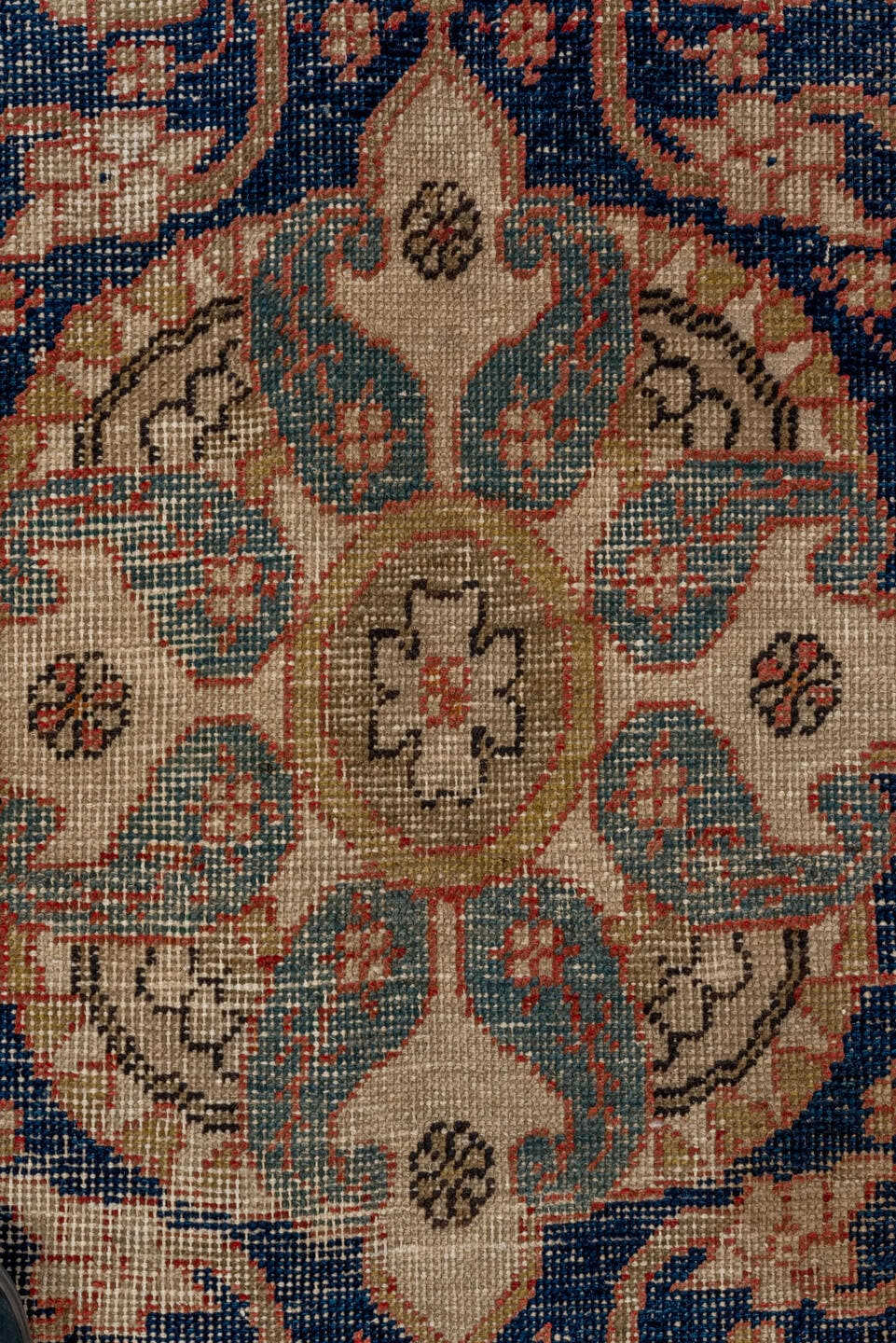 5' x 9' one-of-a-kind handmade antique Oushak medium size rug. Color palette: terra cotta, navy, ivory, beige, slate, rust