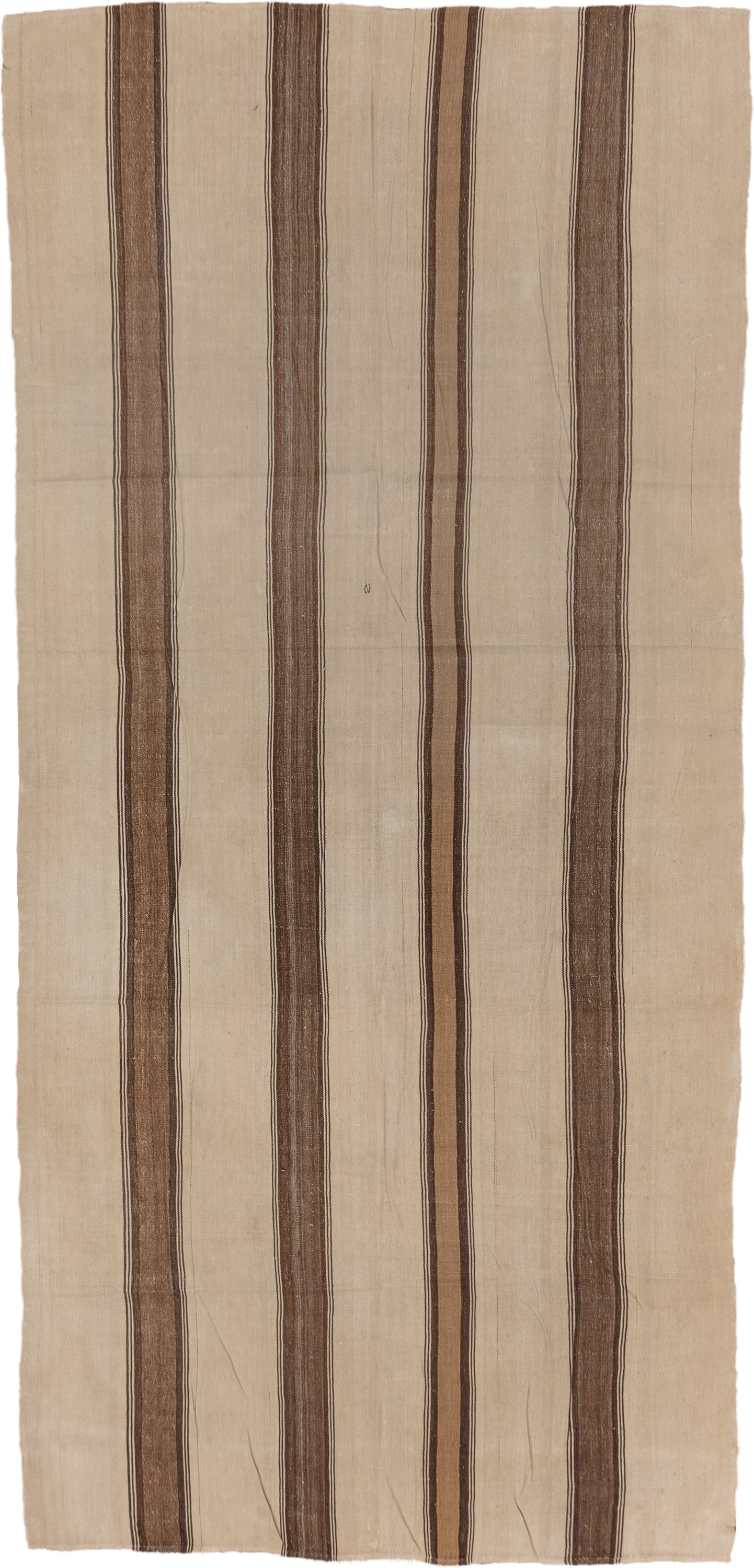 5' x 11' one-of-a-kind handmade vintage Kilim rug. Color palette: ivory, taupe, brown, camel, charcoal, beige, gray, black