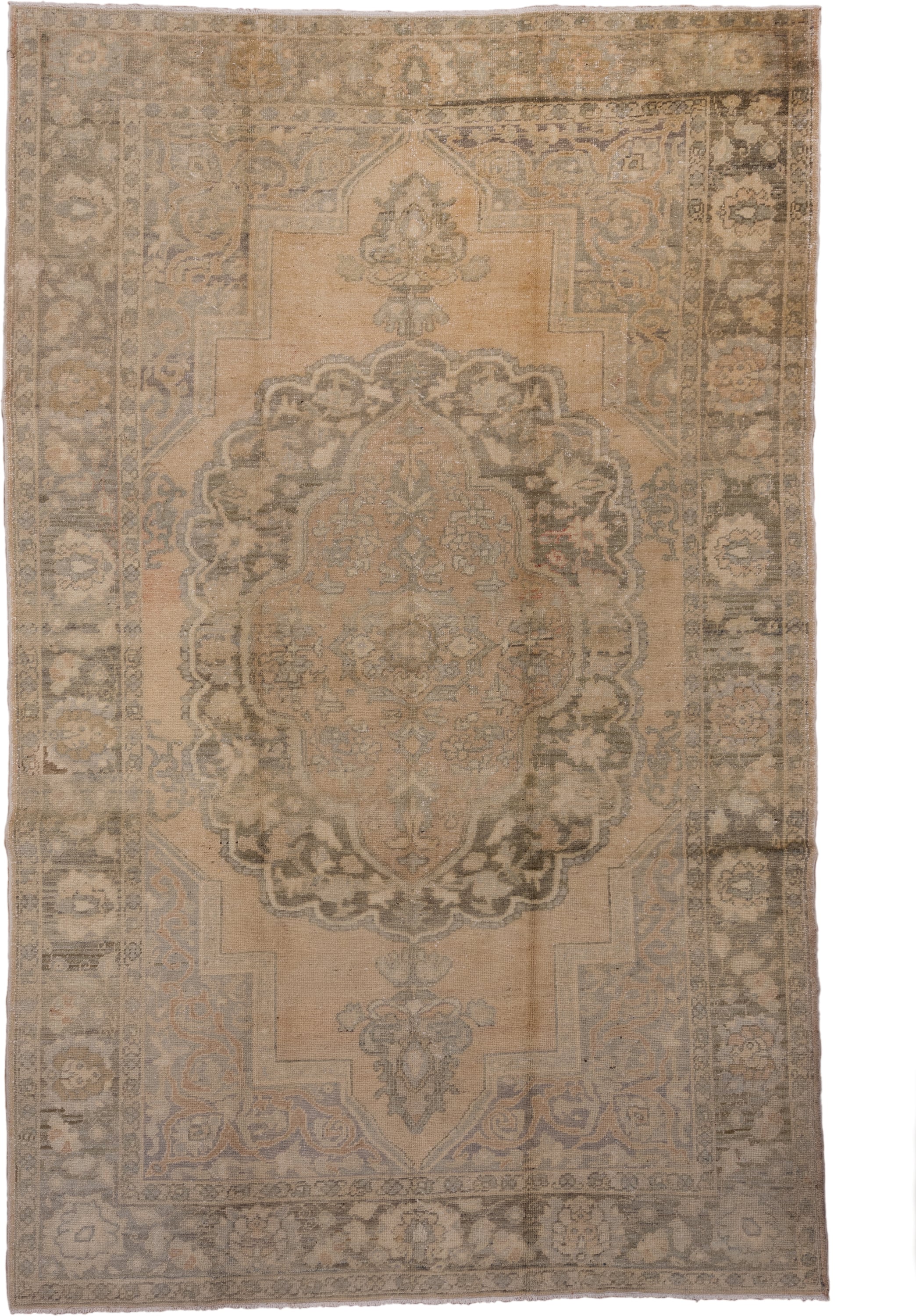 8' x 13' one-of-a-kind handmade vintage Oushak large size rug. Color palette: beige, taupe, gray, ivory, camel, greige