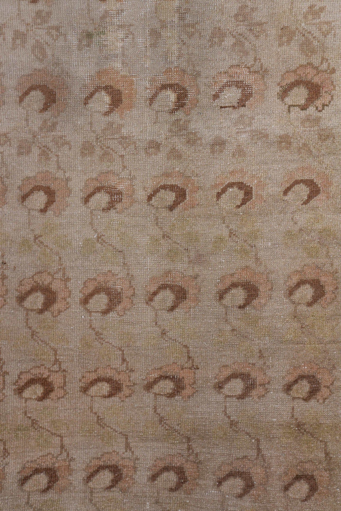 3' x 8' one-of-a-kind handmade vintage Oushak runner rug. Color palette: beige, taupe, dusty_rose, ivory, camel, gray, pink