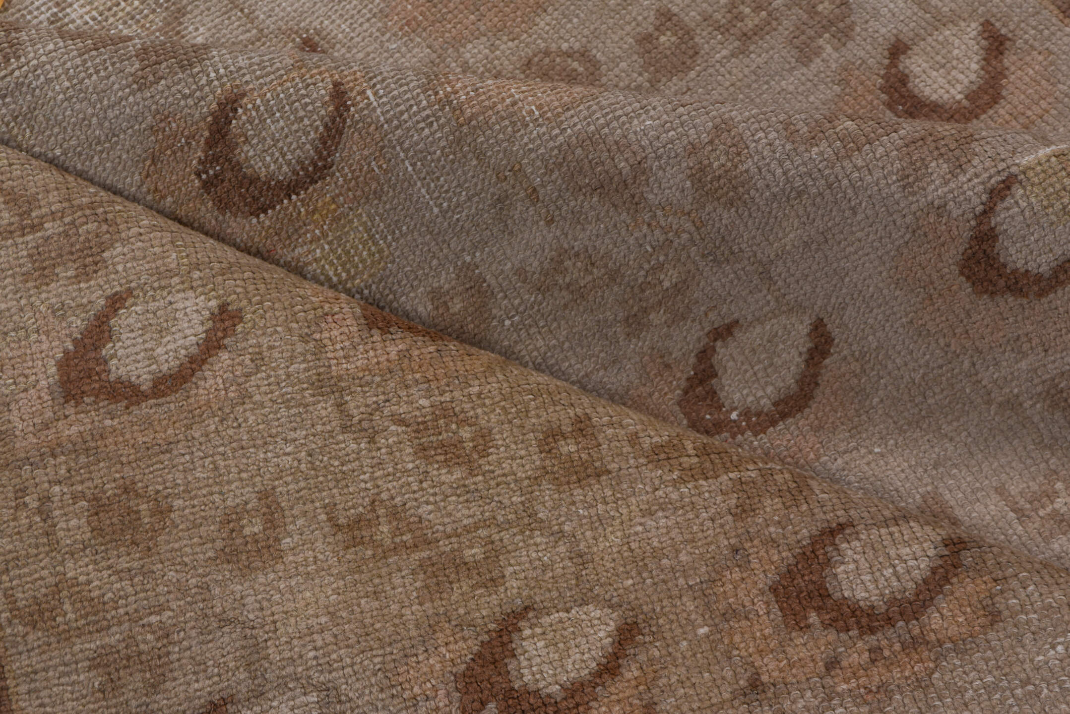 3' x 8' one-of-a-kind handmade vintage Oushak runner rug. Color palette: beige, taupe, dusty_rose, ivory, camel, gray, pink