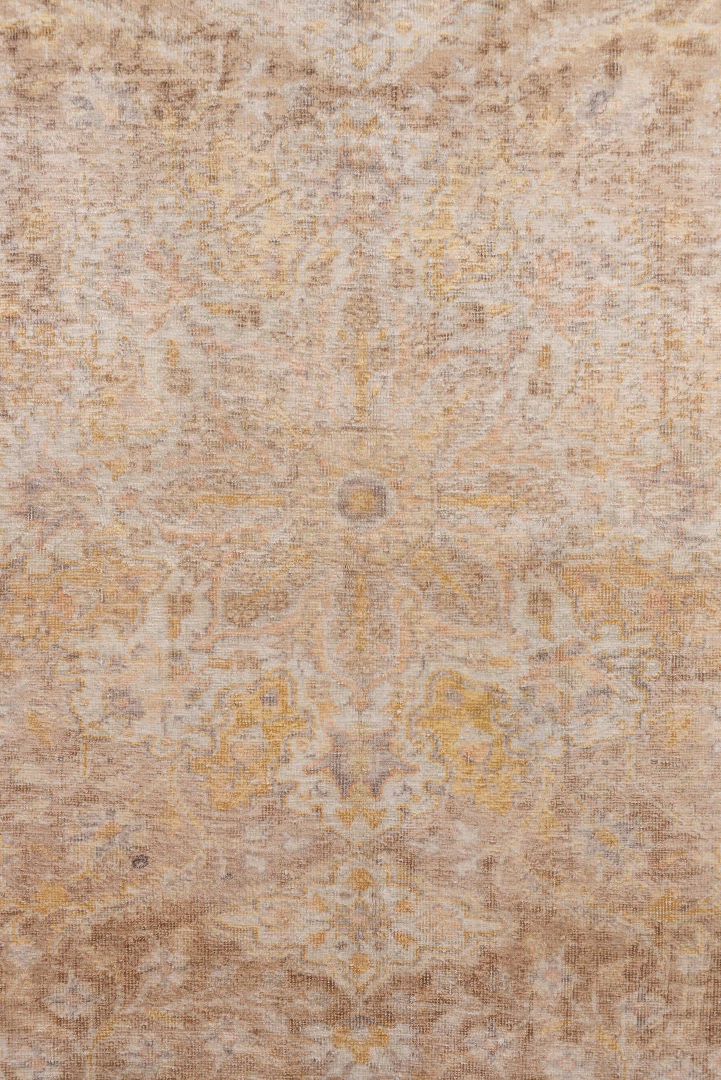 3' x 5' one-of-a-kind handmade vintage Kaisary small size rug. Color palette: ivory, beige, taupe, camel, gold, sand