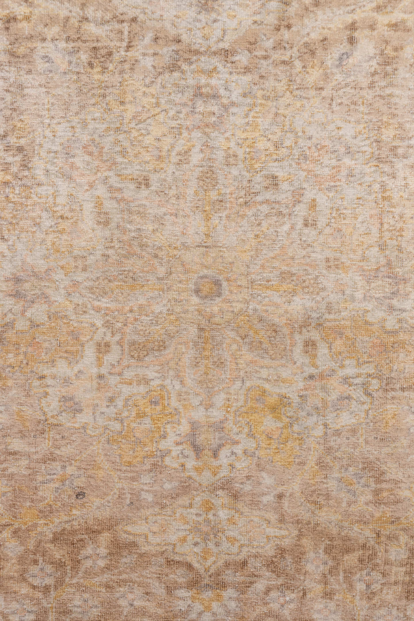 3' x 5' one-of-a-kind handmade vintage Kaisary small size rug. Color palette: ivory, beige, taupe, camel, gold, sand