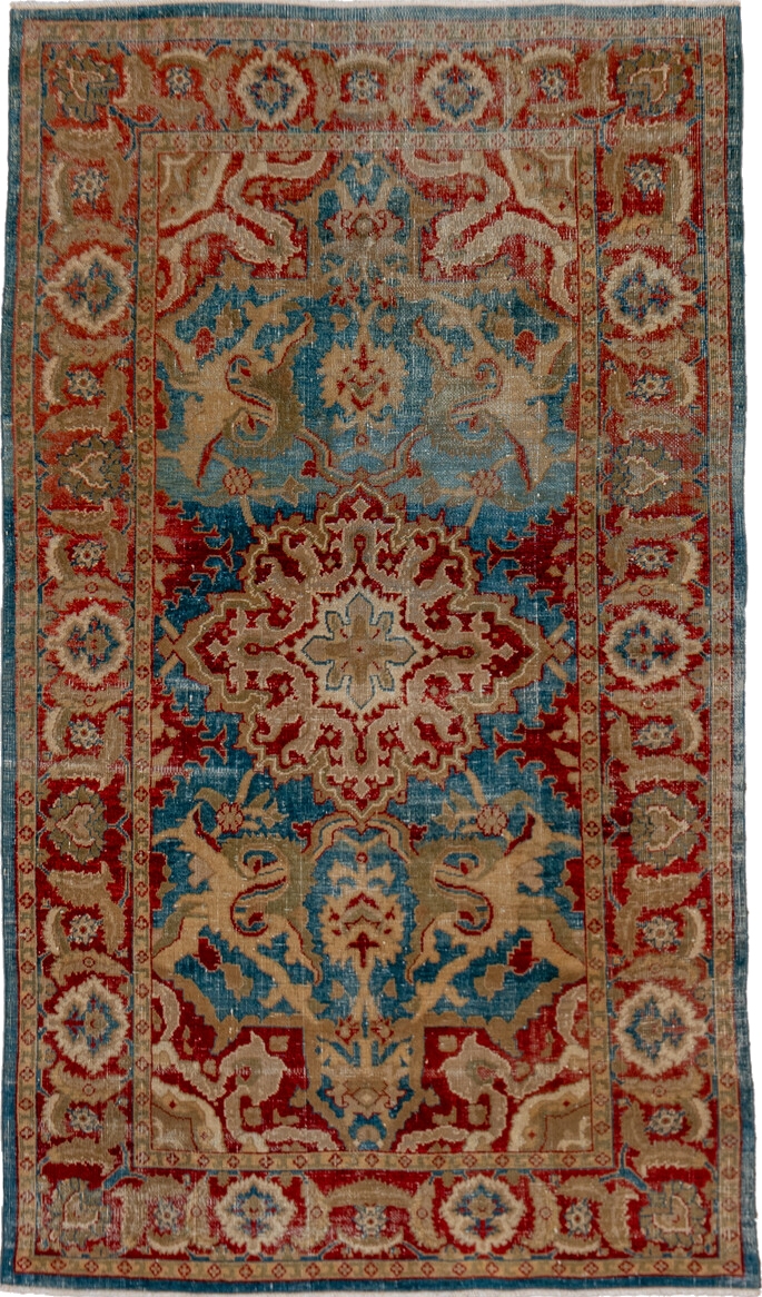 3' x 6' one-of-a-kind handmade vintage Amritzar small size rug. Color palette: blue, brown, dark gray, gray, red