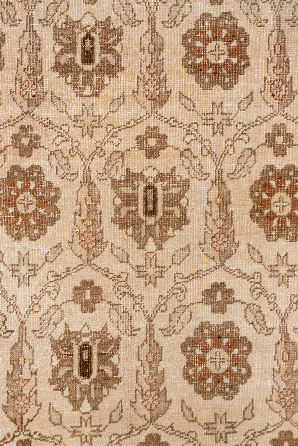 4' x 9' one-of-a-kind handmade vintage Oushak rug. Color palette: ivory, brown, taupe, rust, camel, beige, gray, terracotta