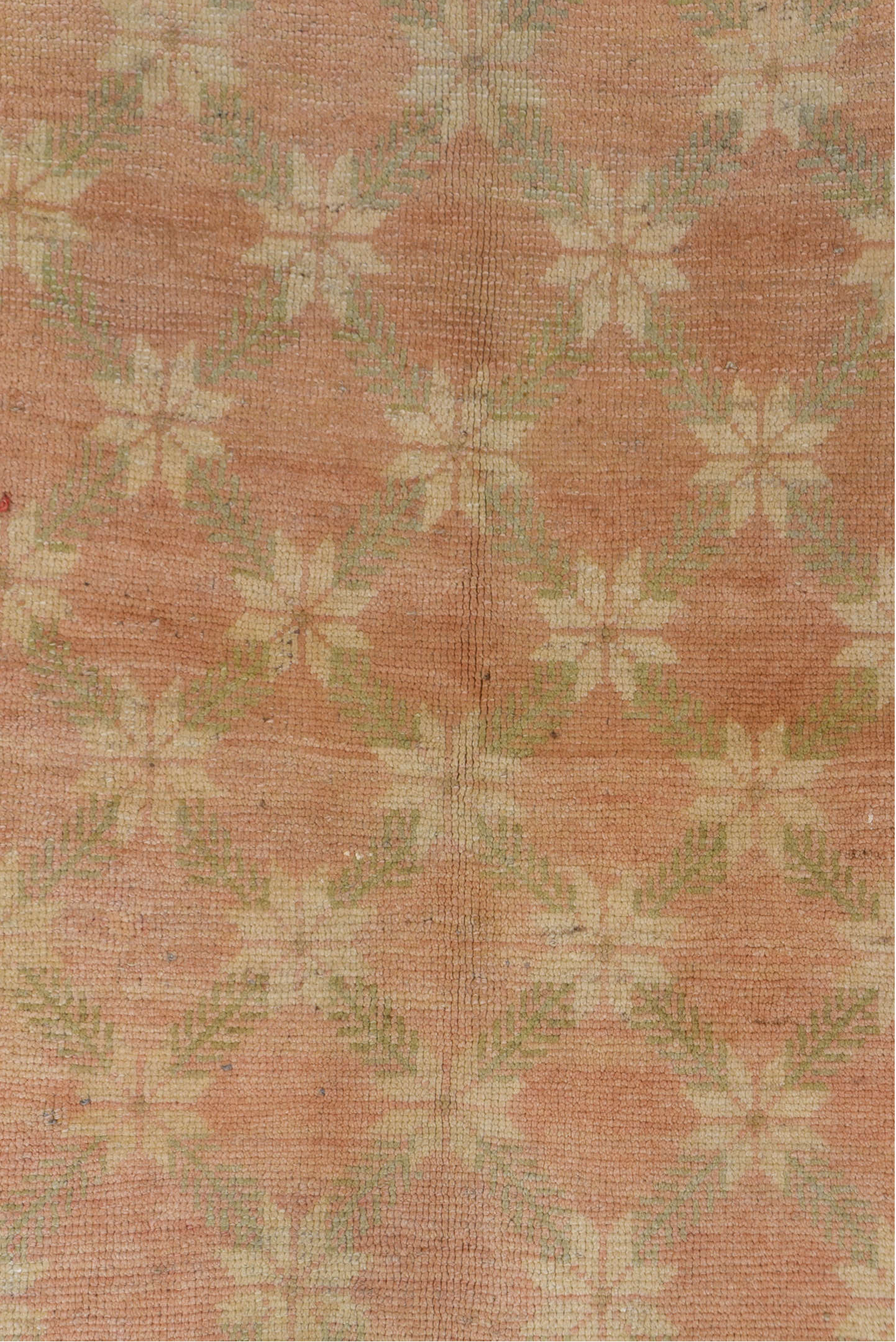 4' x 7' one-of-a-kind handmade vintage Oushak rug. Color palette: blush, ivory, taupe, sage, beige, pink, gray, green
