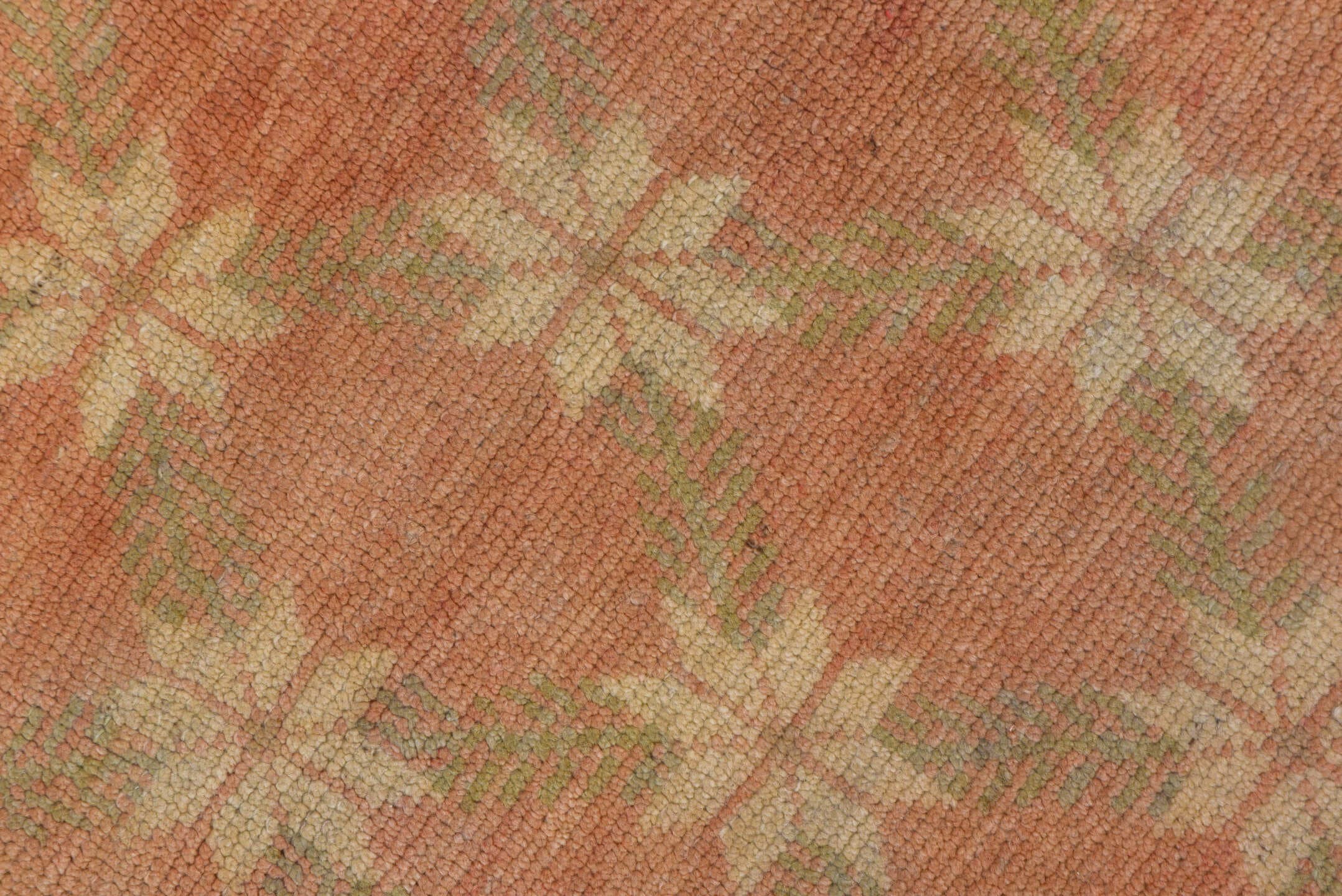 4' x 7' one-of-a-kind handmade vintage Oushak rug. Color palette: blush, ivory, taupe, sage, beige, pink, gray, green