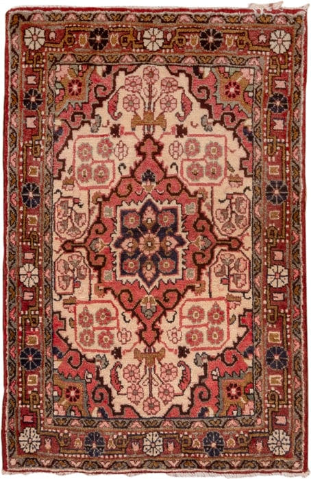 2' x 3' one-of-a-kind handmade vintage Sarouk small size rug. Color palette: ivory, rose, rust, navy, burgundy, taupe, brown