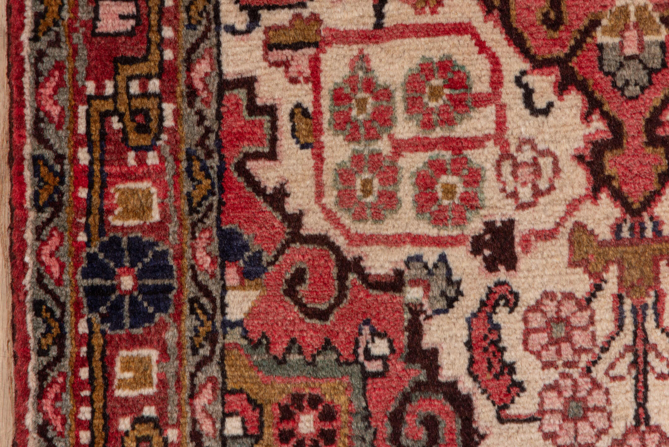 2' x 3' one-of-a-kind handmade vintage Sarouk small size rug. Color palette: ivory, rose, rust, navy, burgundy, taupe, brown