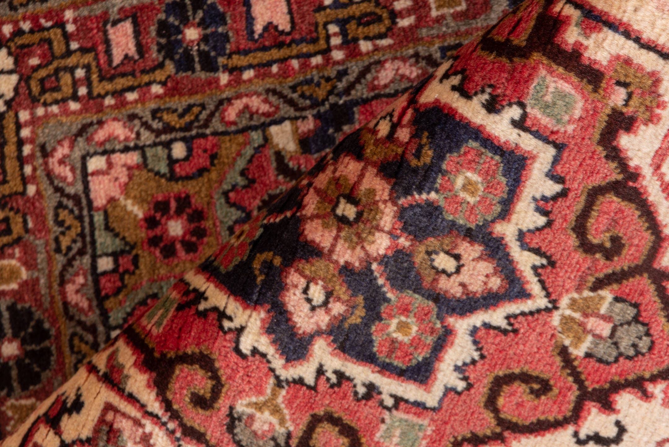 2' x 3' one-of-a-kind handmade vintage Sarouk small size rug. Color palette: ivory, rose, rust, navy, burgundy, taupe, brown