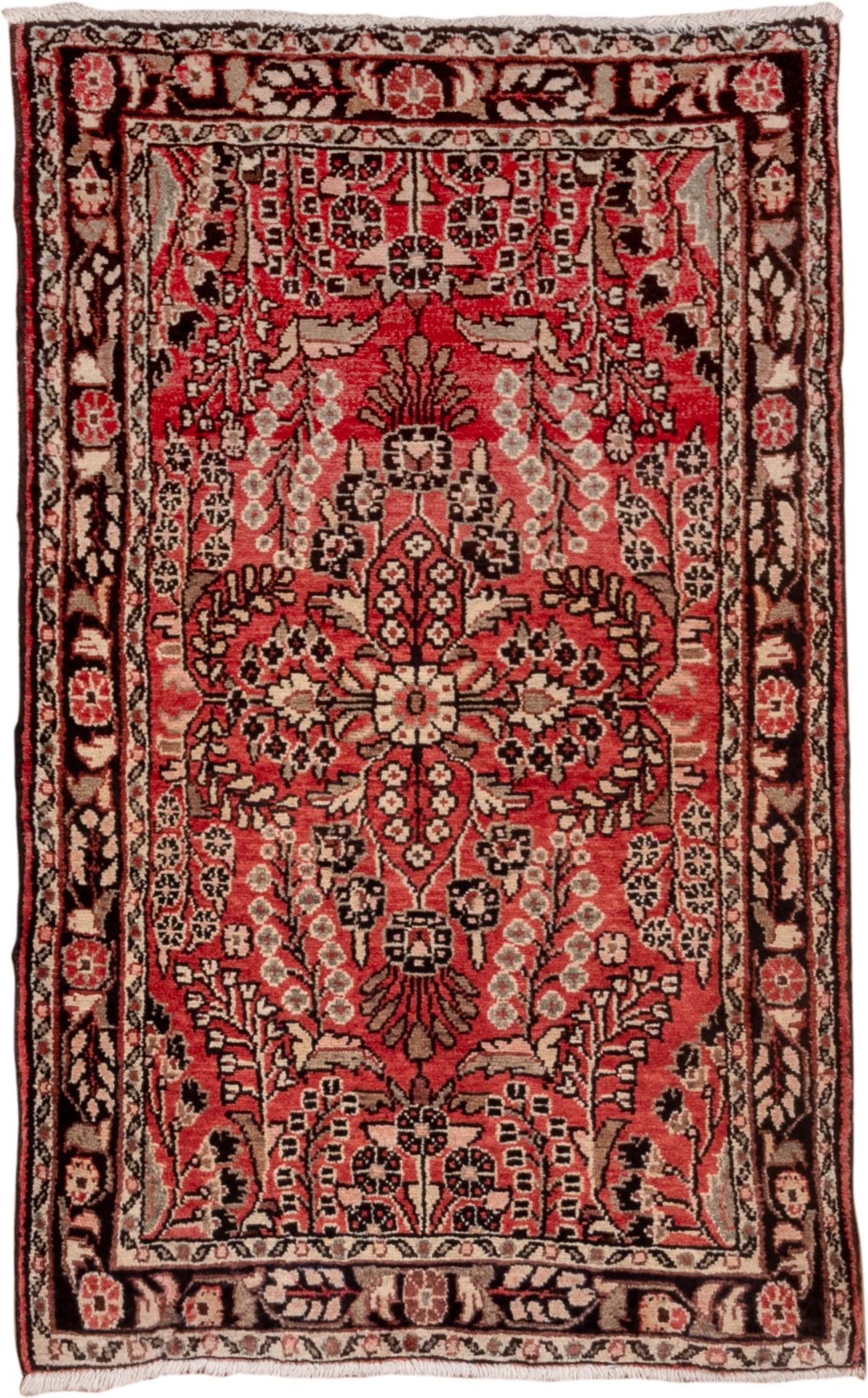 2' x 4' one-of-a-kind handmade vintage Dargazin small size rug. Color palette: red, ivory, charcoal, rose, burgundy, taupe