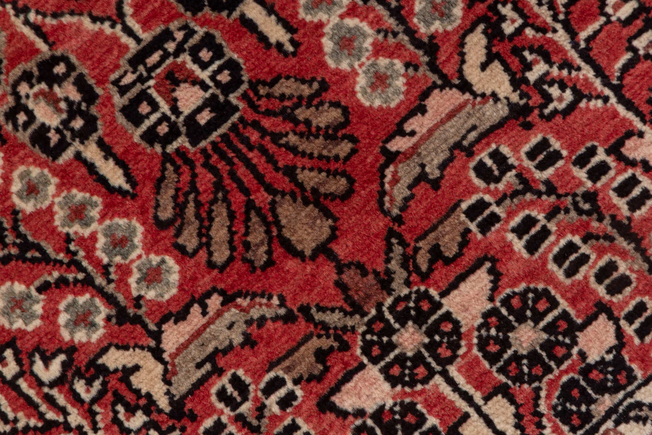 2' x 4' one-of-a-kind handmade vintage Dargazin small size rug. Color palette: red, ivory, charcoal, rose, burgundy, taupe
