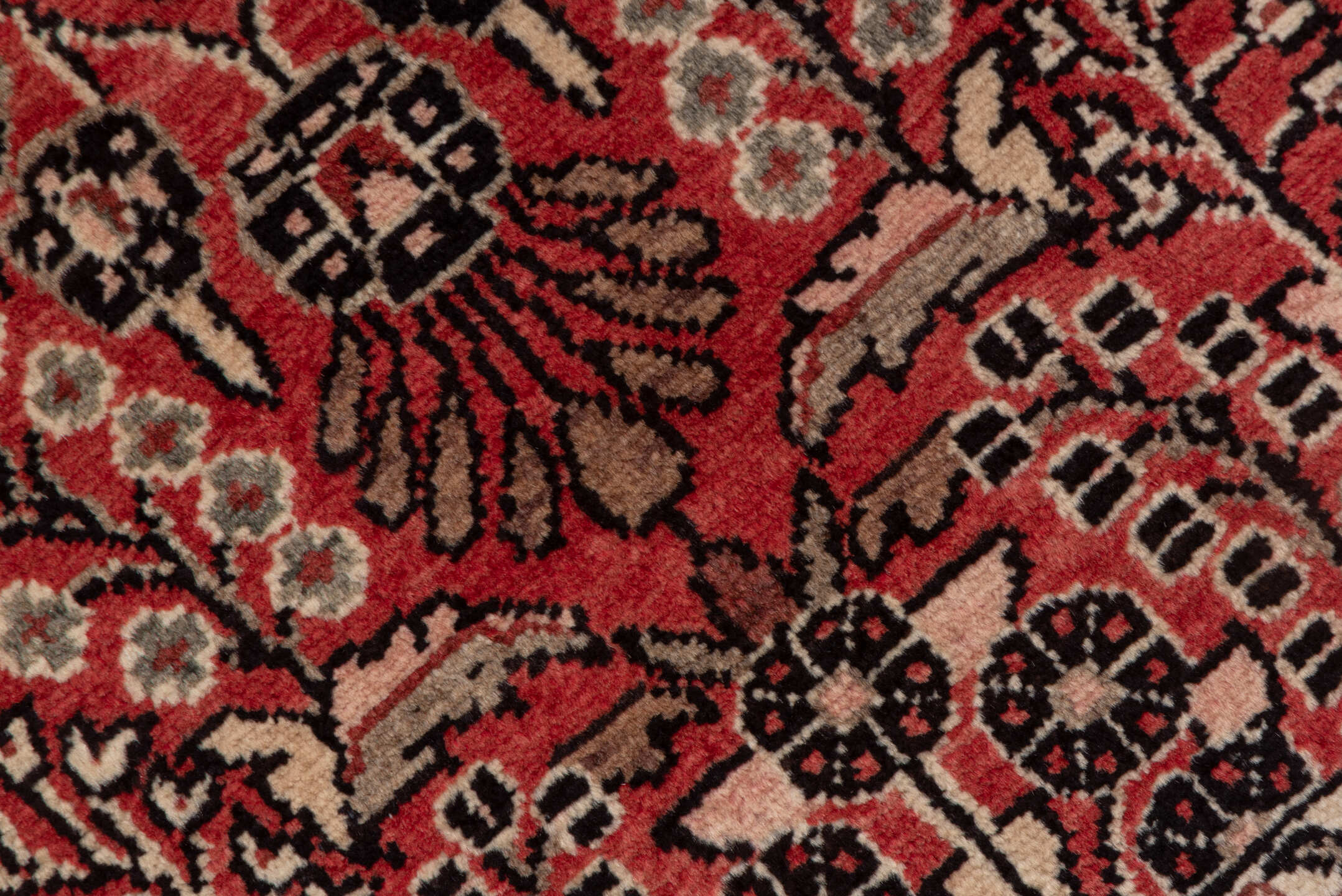2' x 4' one-of-a-kind handmade vintage Dargazin small size rug. Color palette: red, ivory, charcoal, rose, burgundy, taupe