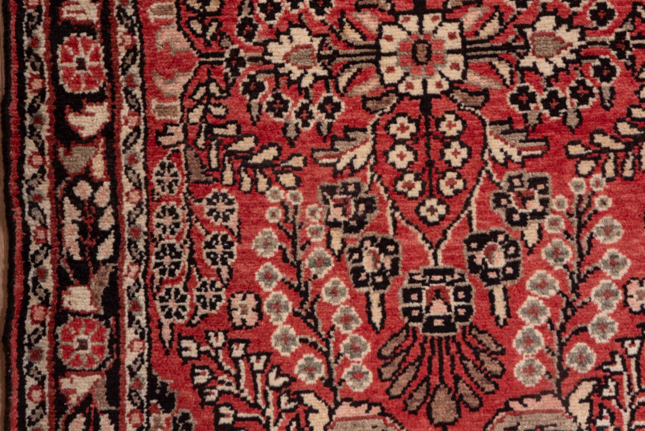 2' x 4' one-of-a-kind handmade vintage Dargazin small size rug. Color palette: red, ivory, charcoal, rose, burgundy, taupe