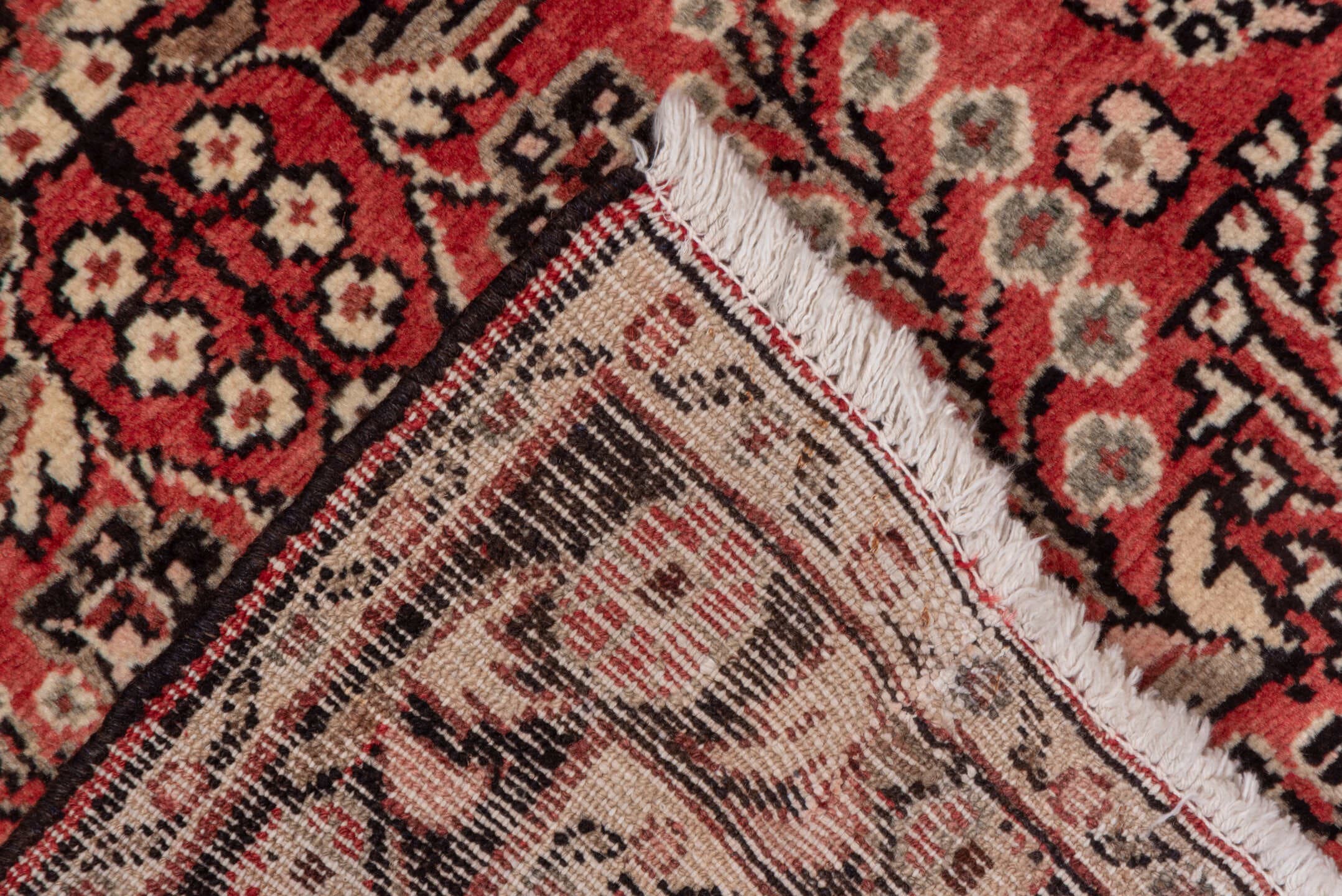 2' x 4' one-of-a-kind handmade vintage Dargazin small size rug. Color palette: red, ivory, charcoal, rose, burgundy, taupe