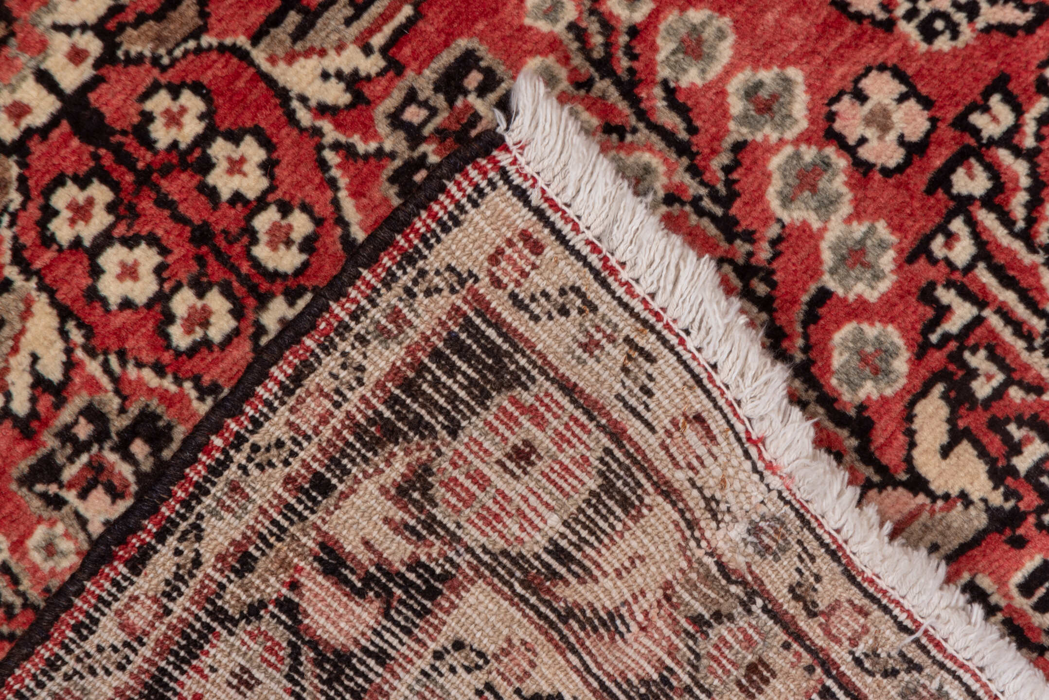 2' x 4' one-of-a-kind handmade vintage Dargazin small size rug. Color palette: red, ivory, charcoal, rose, burgundy, taupe