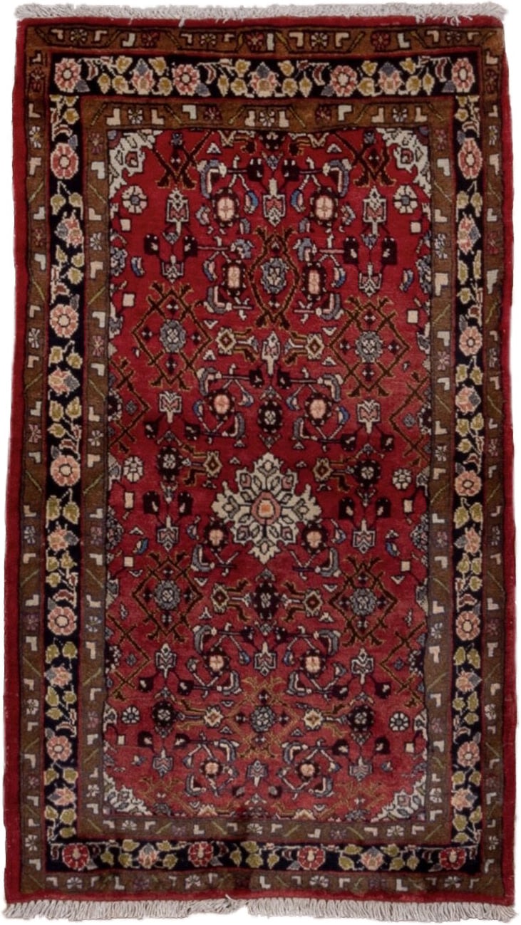 2' x 4' one-of-a-kind handmade vintage Hamadan small size rug. Color palette: rust, red, brown, ivory, navy, rose, camel