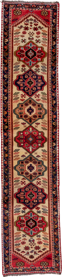 2' x 10' one-of-a-kind handmade vintage Veece runner rug. Color palette: brown, gray, orange, pink, red, tan