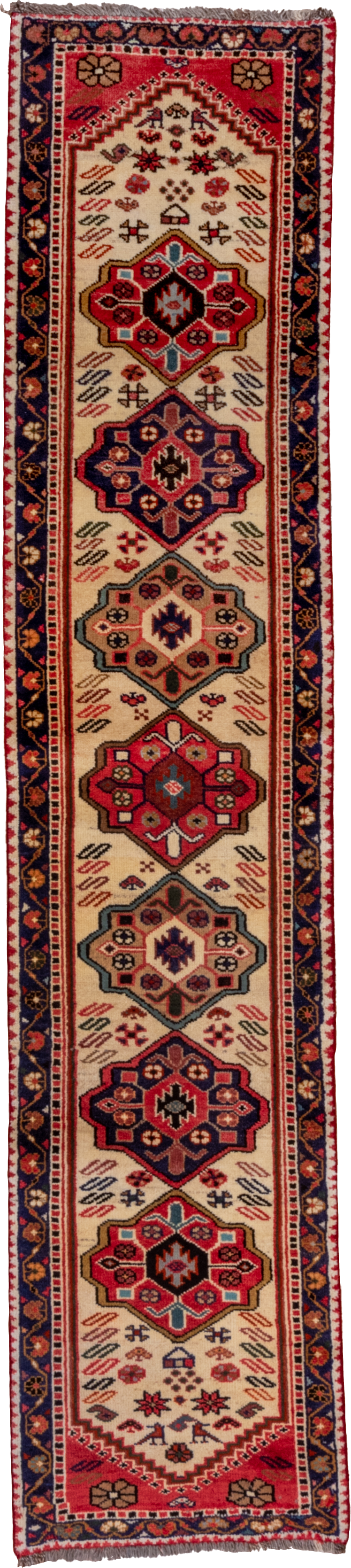 2' x 10' one-of-a-kind handmade vintage Veece runner rug. Color palette: ivory, navy, rust, rose, crimson, camel, charcoal