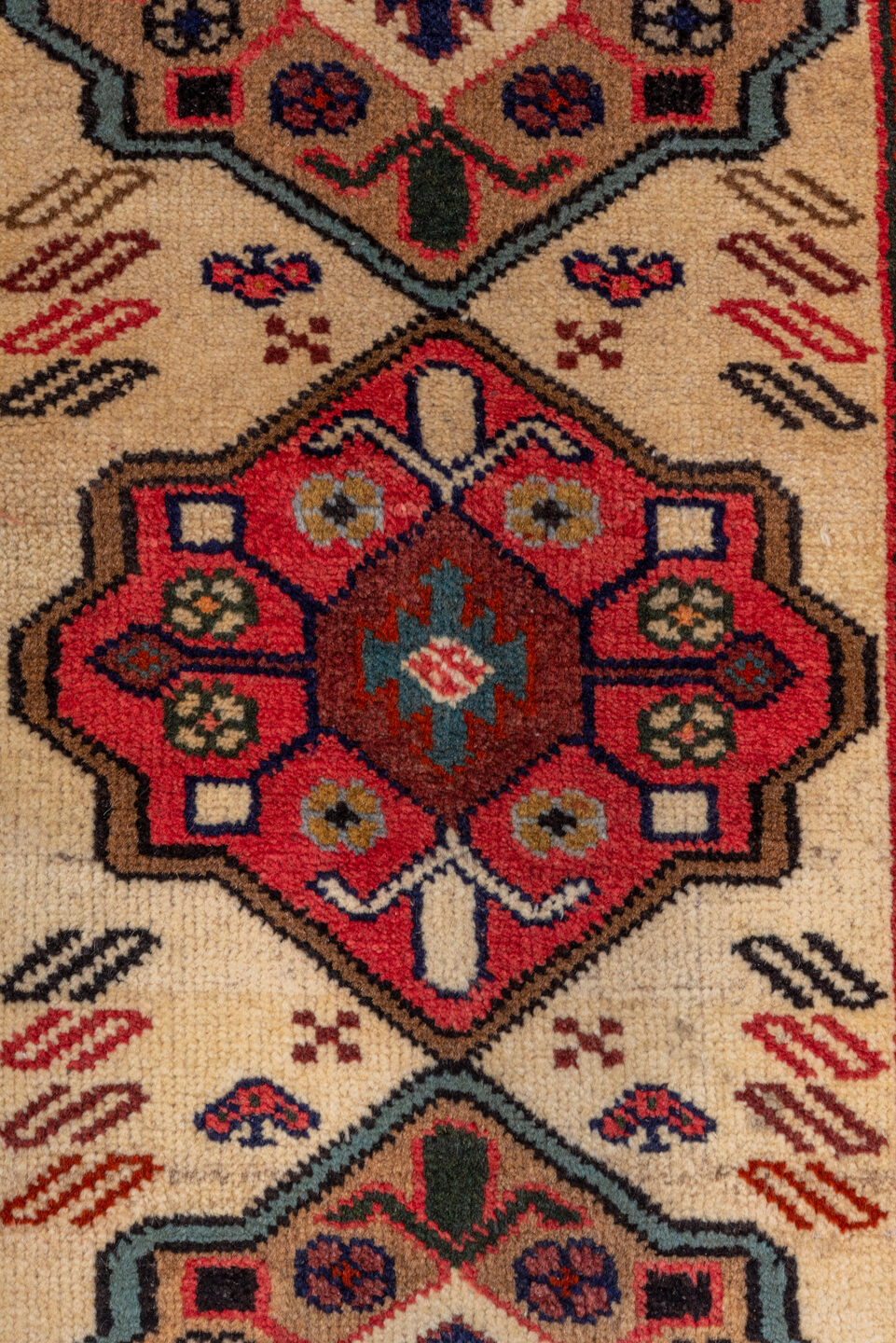2' x 10' one-of-a-kind handmade vintage Veece runner rug. Color palette: ivory, navy, rust, rose, crimson, camel, charcoal