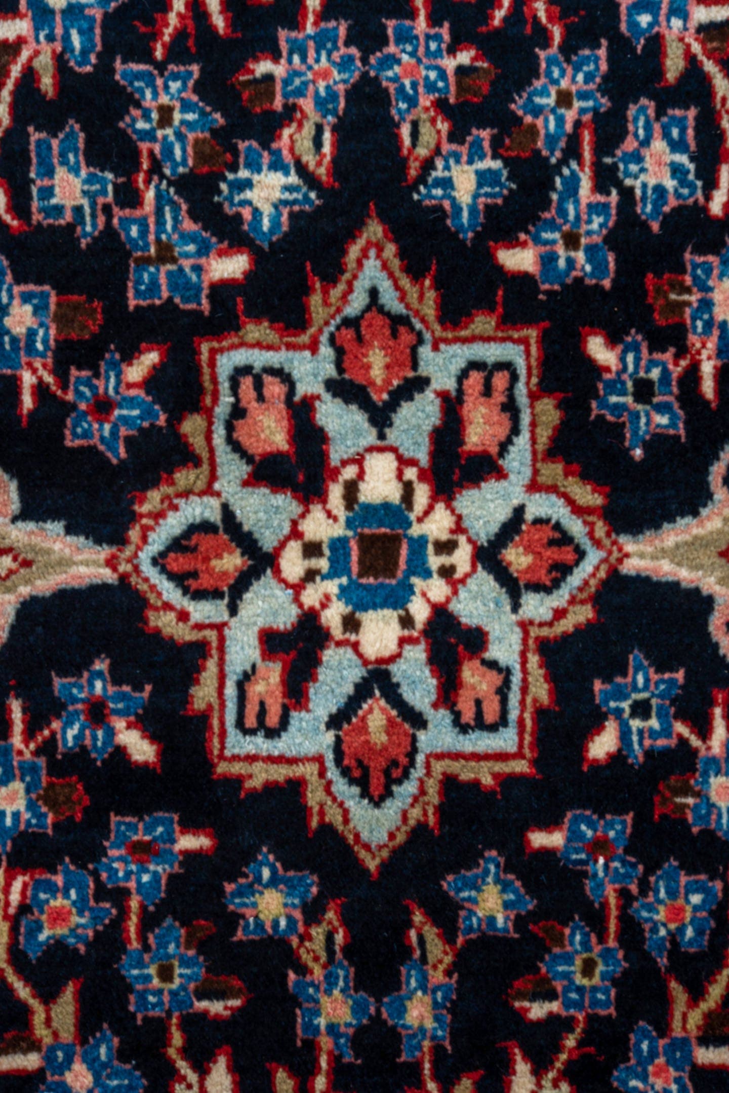 4' x 10' one-of-a-kind handmade vintage Mahal runner rug. Color palette: navy, rust, ivory, sky blue, camel, coral, slate