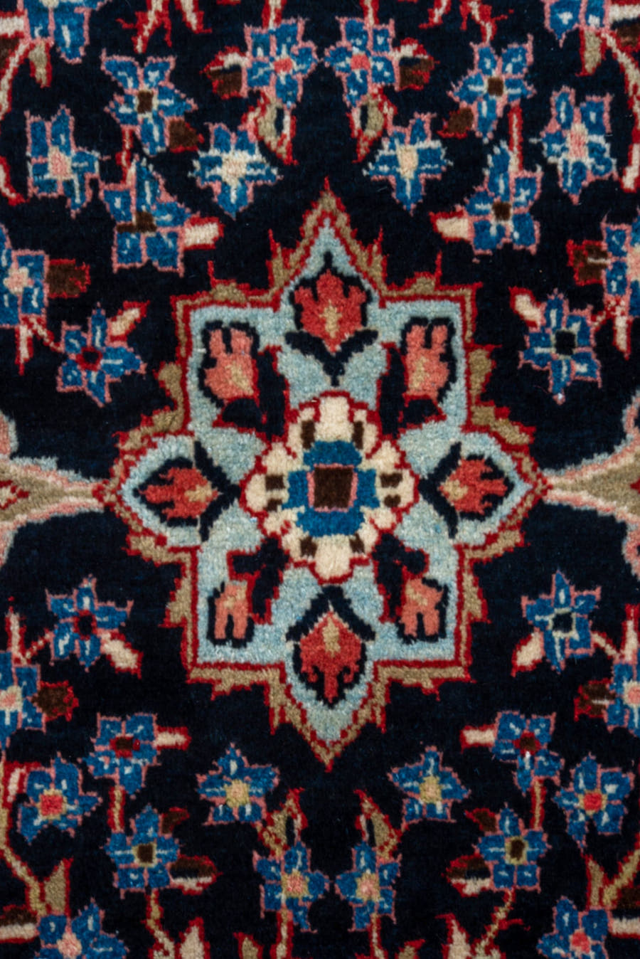 4' x 10' one-of-a-kind handmade vintage Mahal runner rug. Color palette: navy, rust, ivory, sky blue, camel, coral, slate