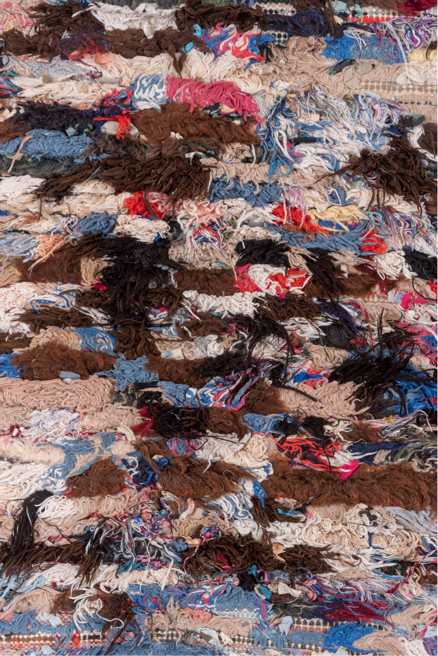 2' x 6' one-of-a-kind handmade vintage Rag Rug runner rug. Color palette: blue, brown, gray, light blue, light gray