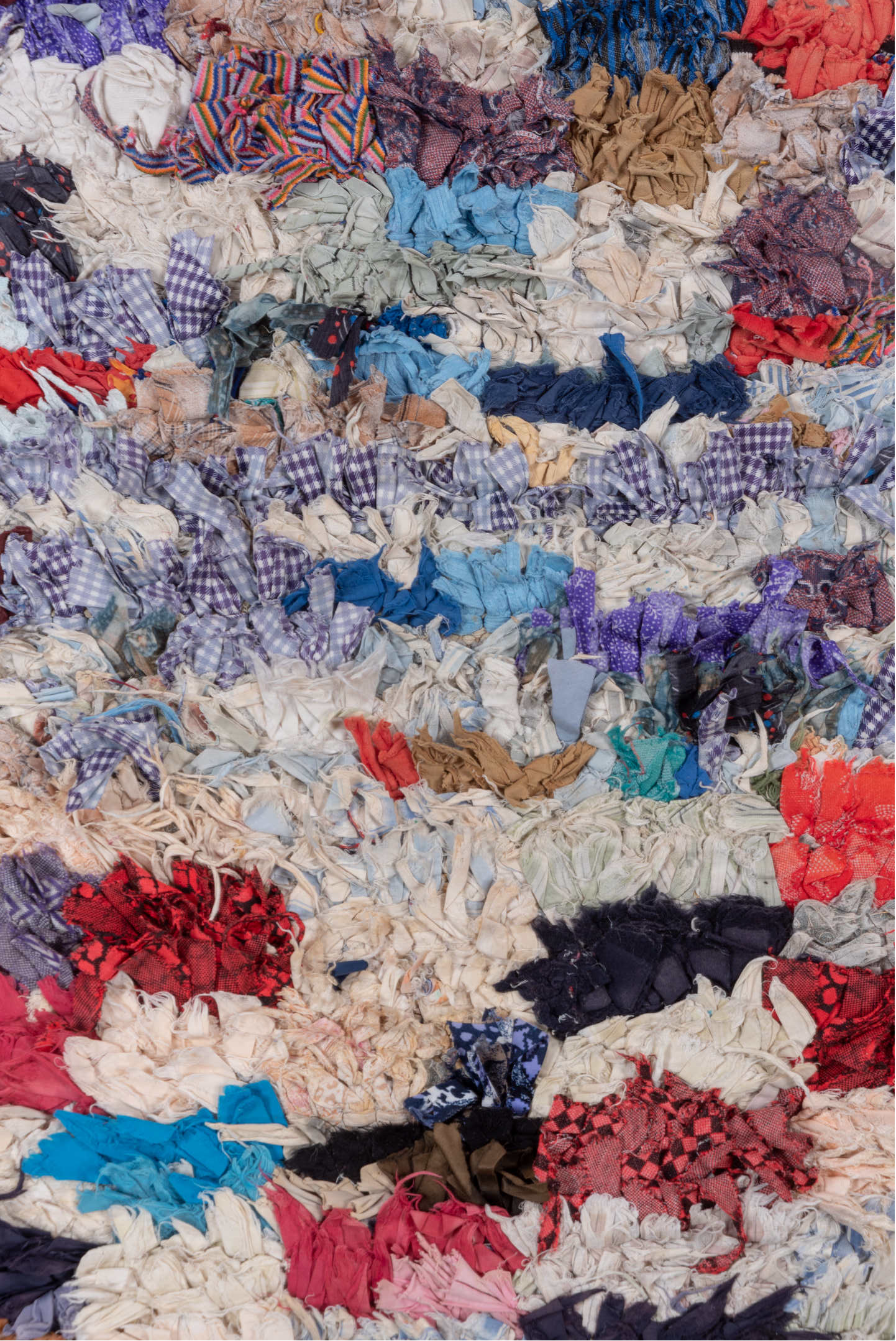 2' x 5' one-of-a-kind handmade vintage Rag Rug small size rug. Color palette: blue, brown, dark salmon, dim gray, gainsboro