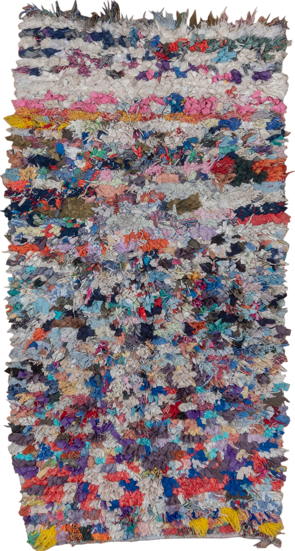4' x 7' one-of-a-kind handmade vintage Rag Rug rug. Color palette: blue, brown, dark gray, gray, green, light gray