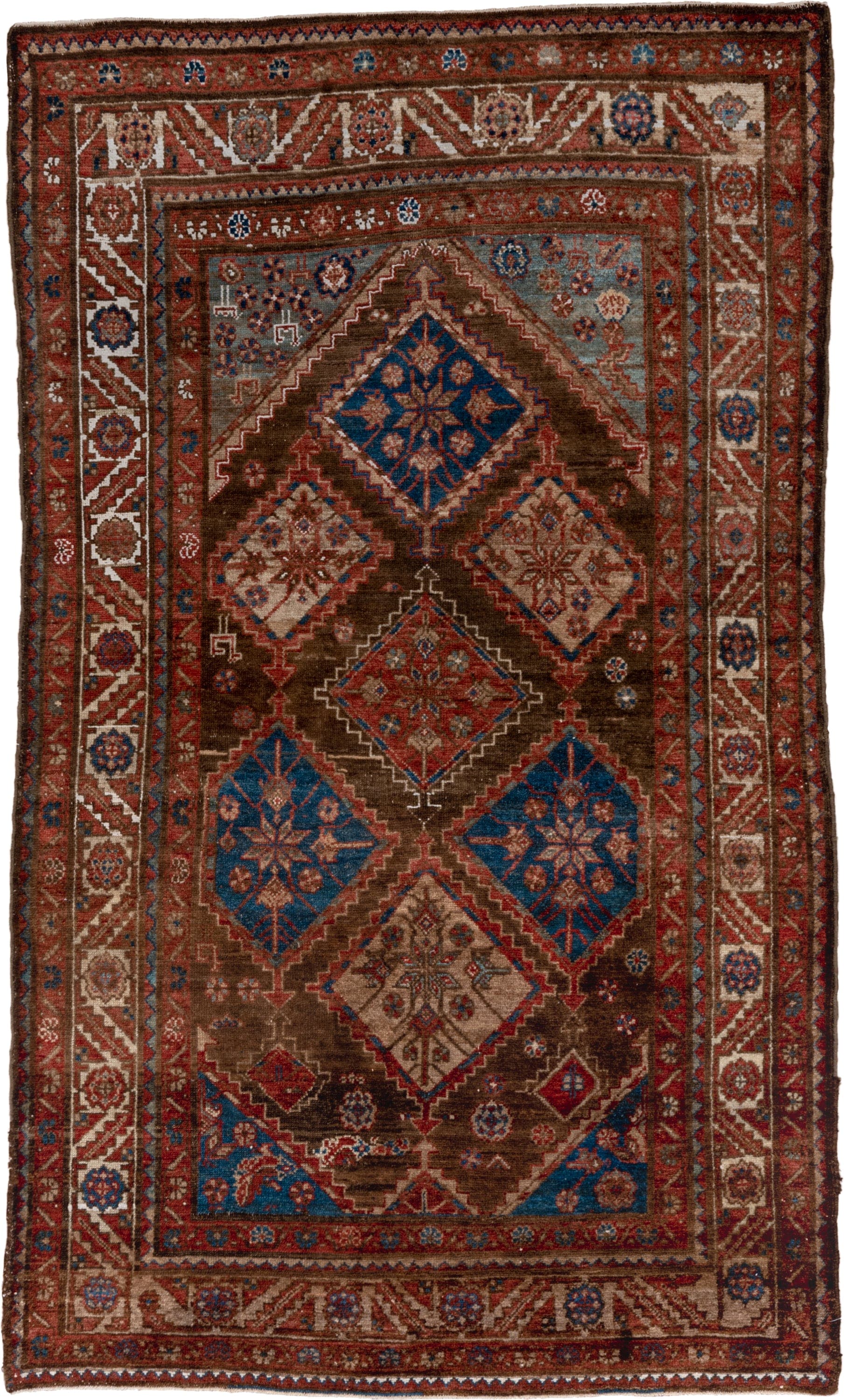 4' x 7' one-of-a-kind handmade vintage Malayer rug. Color palette: brown, rust, ivory, blue, red, camel, terracotta, beige