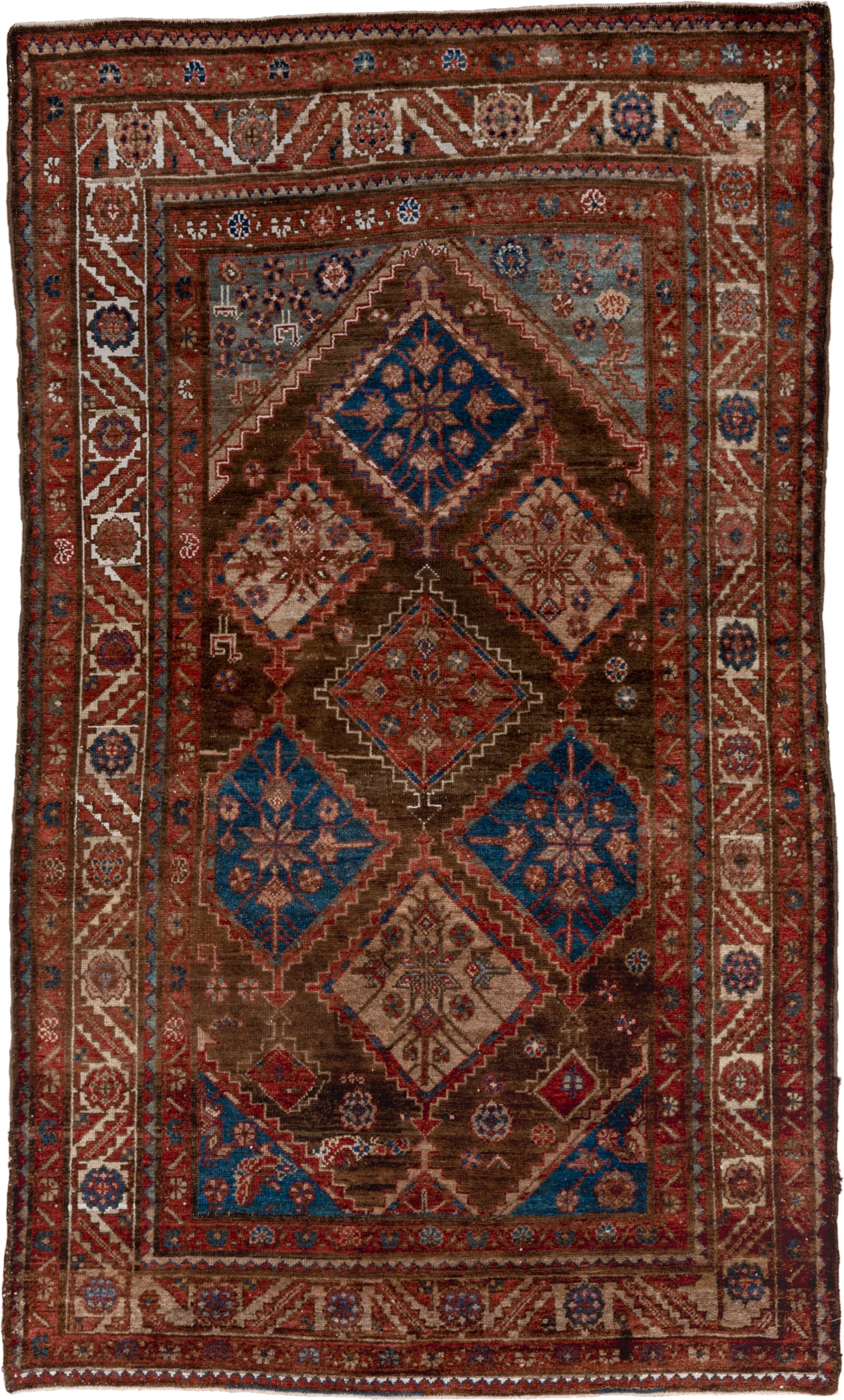 4' x 7' one-of-a-kind handmade vintage Malayer rug. Color palette: brown, rust, ivory, blue, red, camel, terracotta, beige