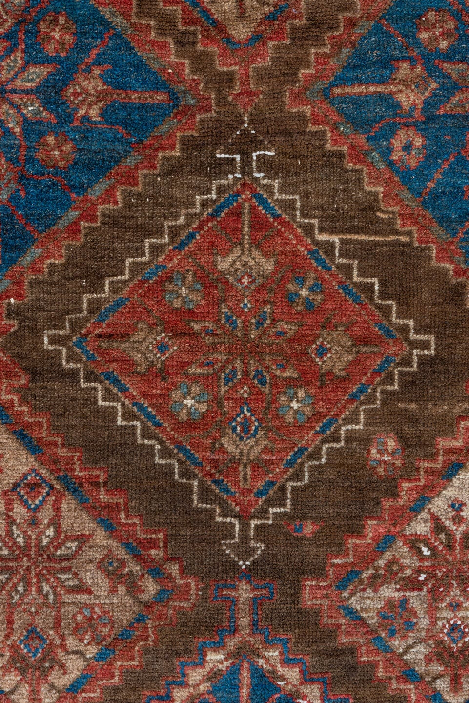 4' x 7' one-of-a-kind handmade vintage Malayer rug. Color palette: brown, rust, ivory, blue, red, camel, terracotta, beige