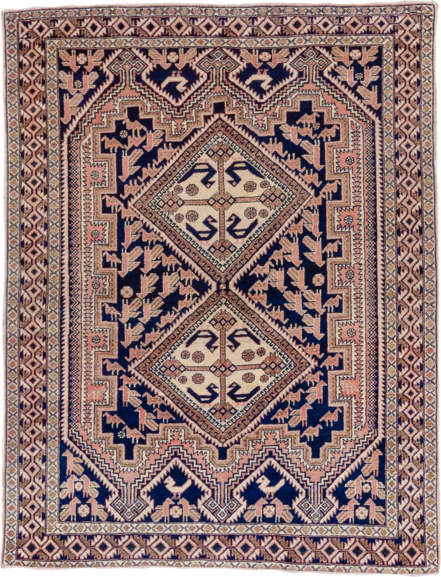 4' x 5' one-of-a-kind handmade antique Afshar small size rug. Color palette: navy, ivory, blush, taupe, rose, camel, blue