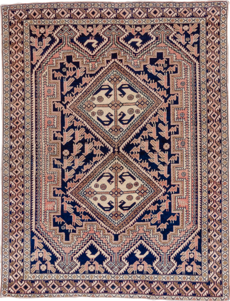 4' x 5' one-of-a-kind handmade vintage Afshar small size rug. Color palette: black, brown, gray, light gray, off-white