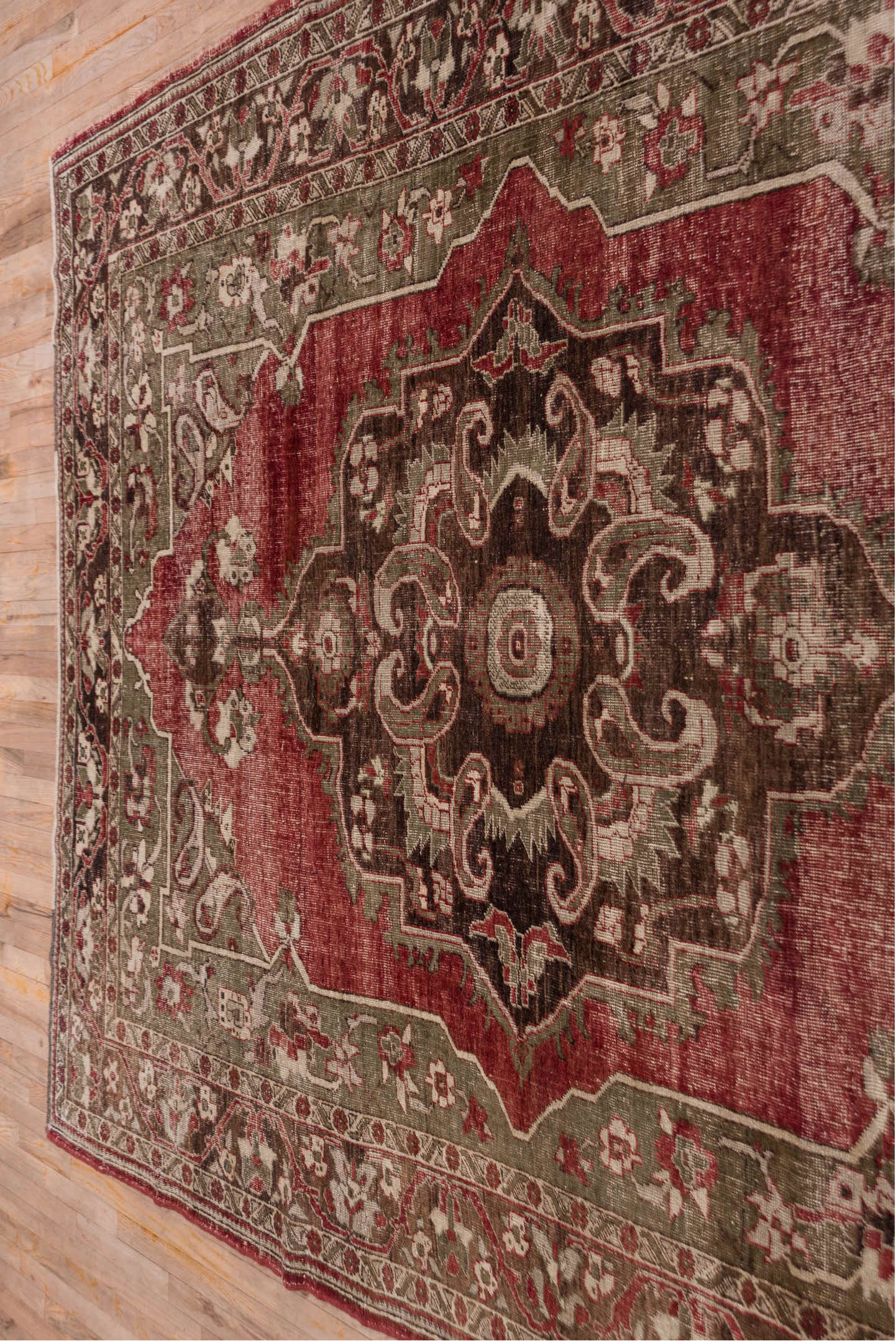 7' x 10' one-of-a-kind handmade vintage Oushak large size rug. Color palette: red, olive, ivory, brown, taupe, charcoal