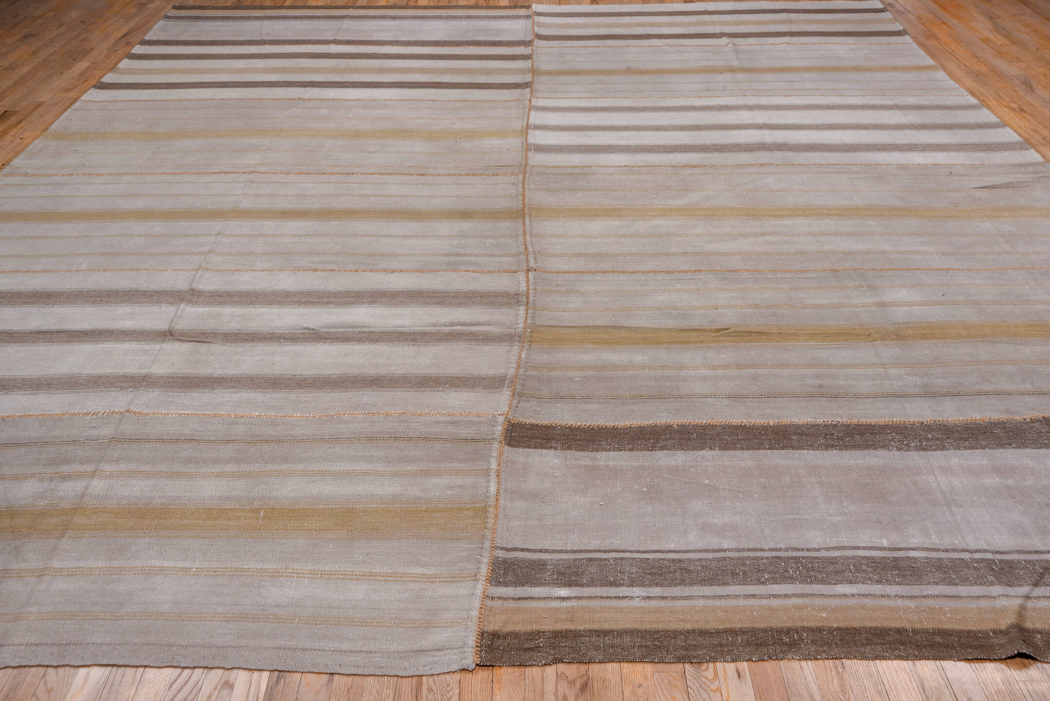12' x 14' one-of-a-kind handmade antique Flatweave oversize rug. Color palette: ivory, taupe, camel, brown, beige, gray