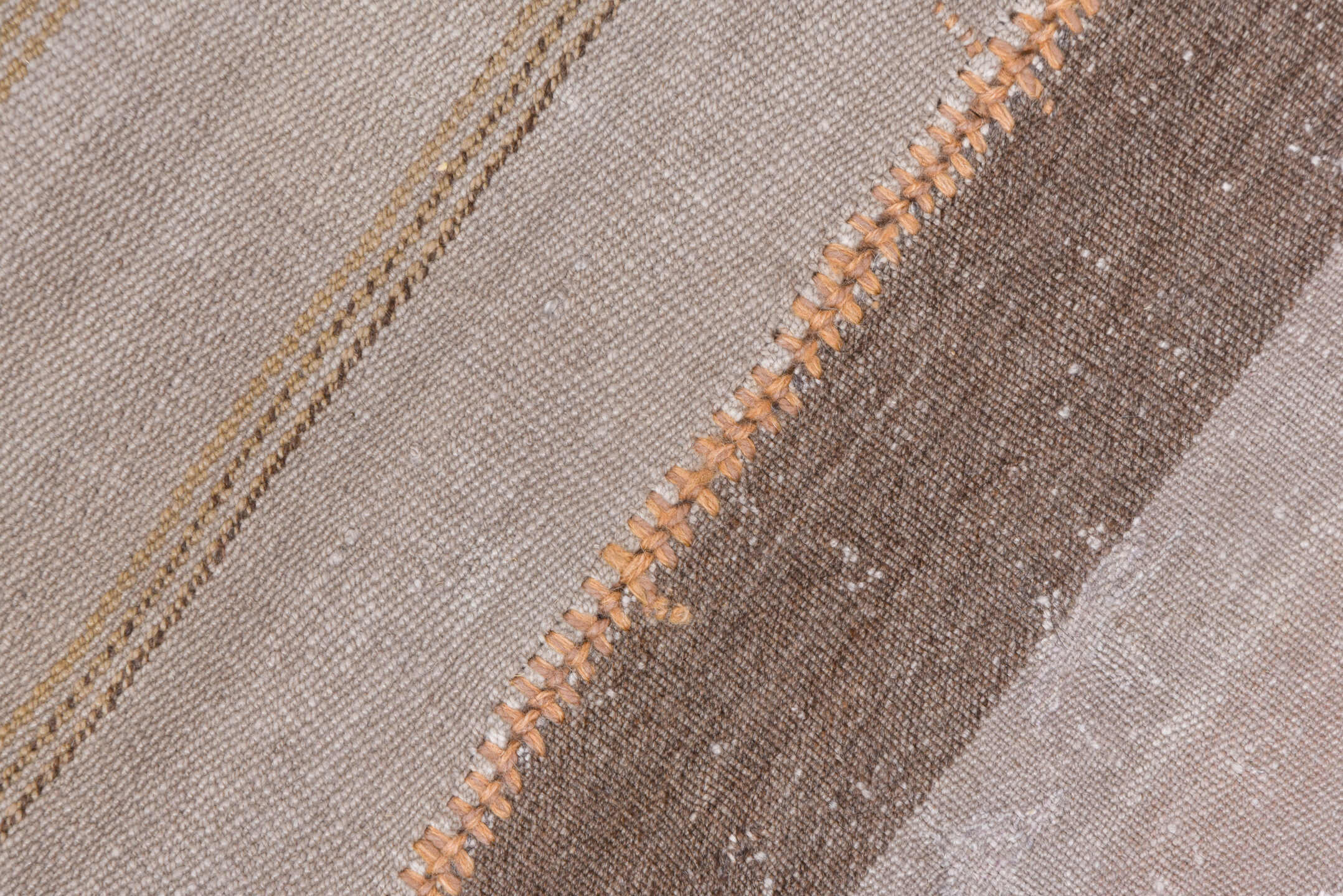 12' x 14' one-of-a-kind handmade antique Flatweave oversize rug. Color palette: ivory, taupe, camel, brown, beige, gray