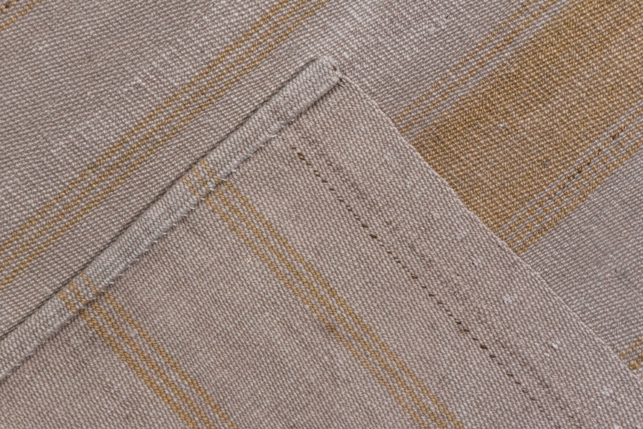 12' x 14' one-of-a-kind handmade antique Flatweave oversize rug. Color palette: ivory, taupe, camel, brown, beige, gray