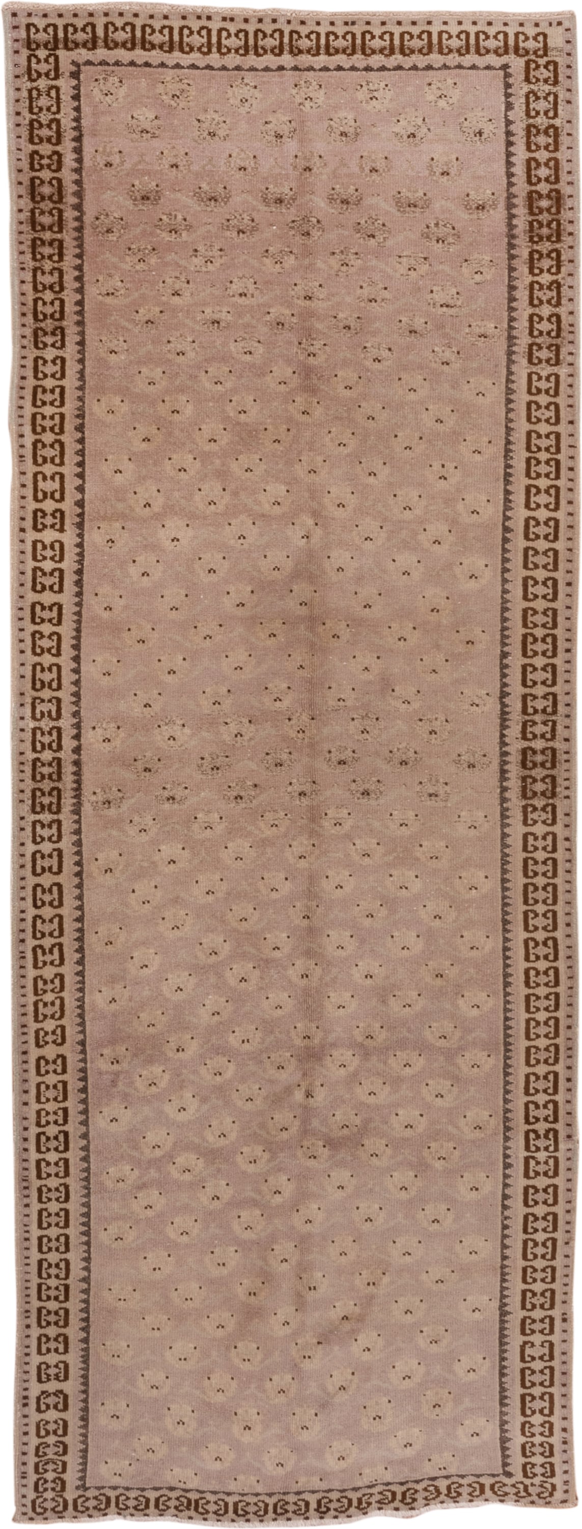 4' x 10' one-of-a-kind handmade vintage Oushak runner rug. Color palette: blush, taupe, brown, ivory, pink, beige, gray