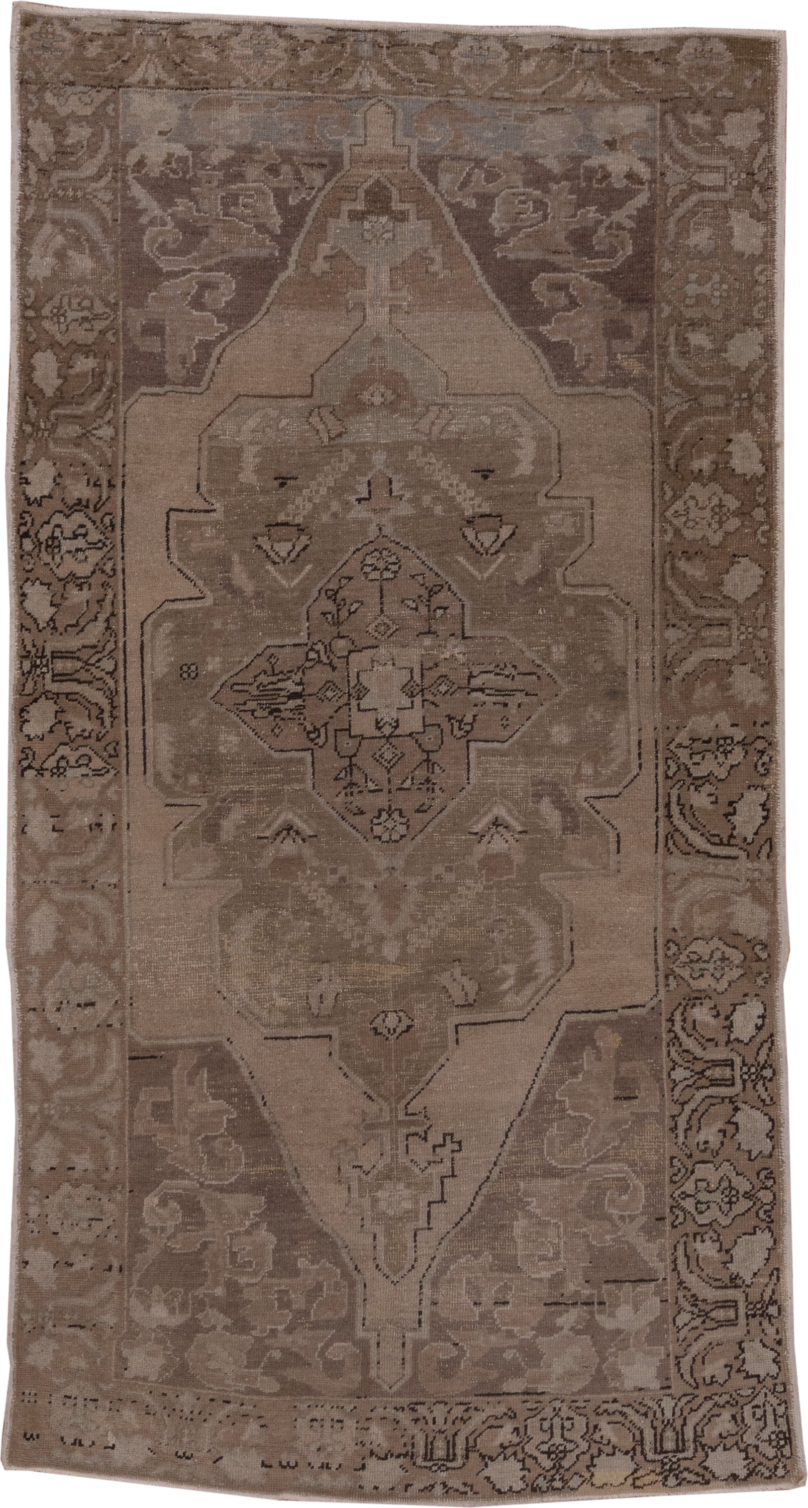 4' x 8' one-of-a-kind handmade vintage Oushak rug. Color palette: taupe, beige, brown, ivory, camel, charcoal, gray, black