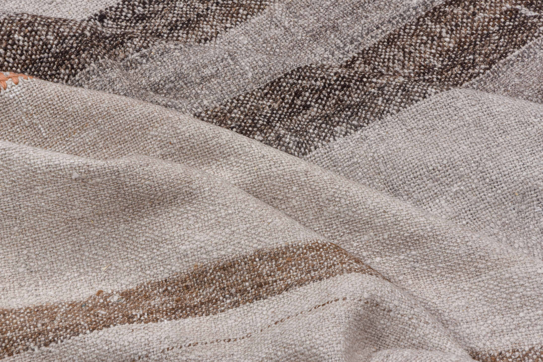 8' x 13' one-of-a-kind handmade vintage Kilim large size rug. Color palette: ivory, taupe, charcoal, coral, beige, gray